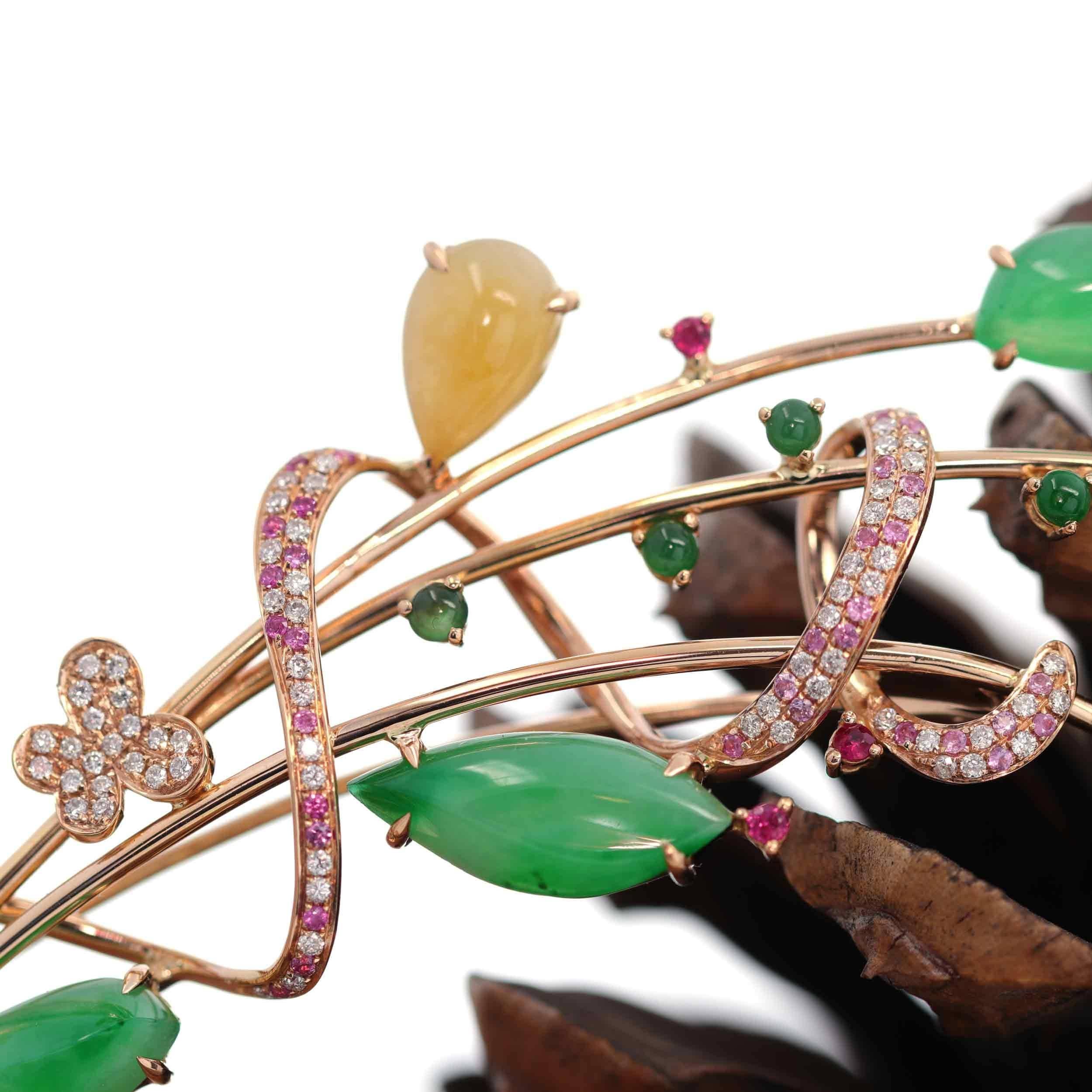 Artist 18K Rose Gold Genuine Imperial Jadeite Jade Pendant & Brooch with Diamonds For Sale