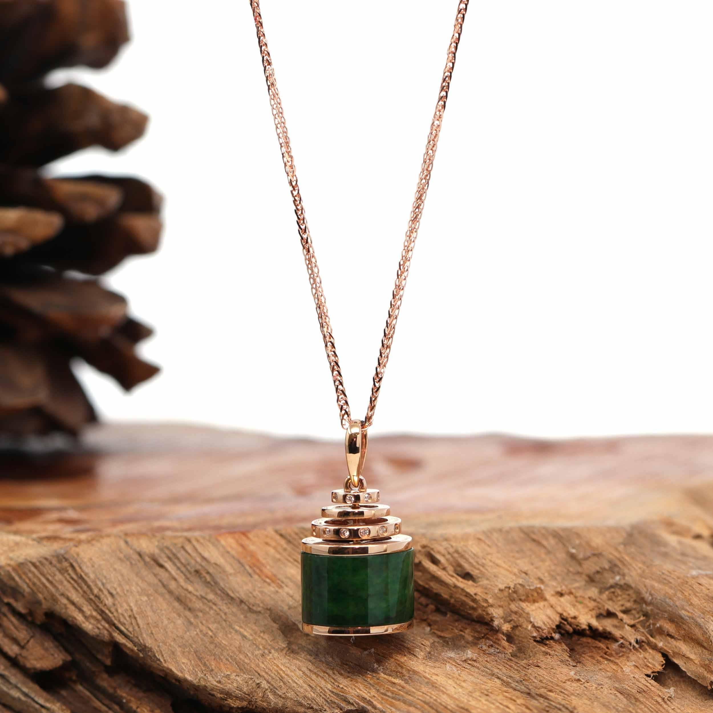 * DESIGN CONCEPT--- This necklace is made with oval genuine imperial green Burmese jadeite. The design was inspired by the traditional prayer wheel. A modern spin on a traditional symbol. Representing wholeness, completeness, and contentment. 

  