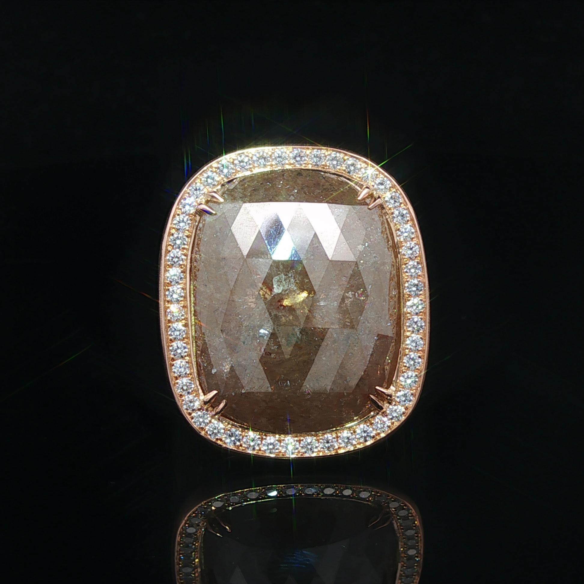 18k Rose Gold GIA 20.34ctw Cushion Checkerboard Faceted Fancy Color Diamond Ring For Sale 5