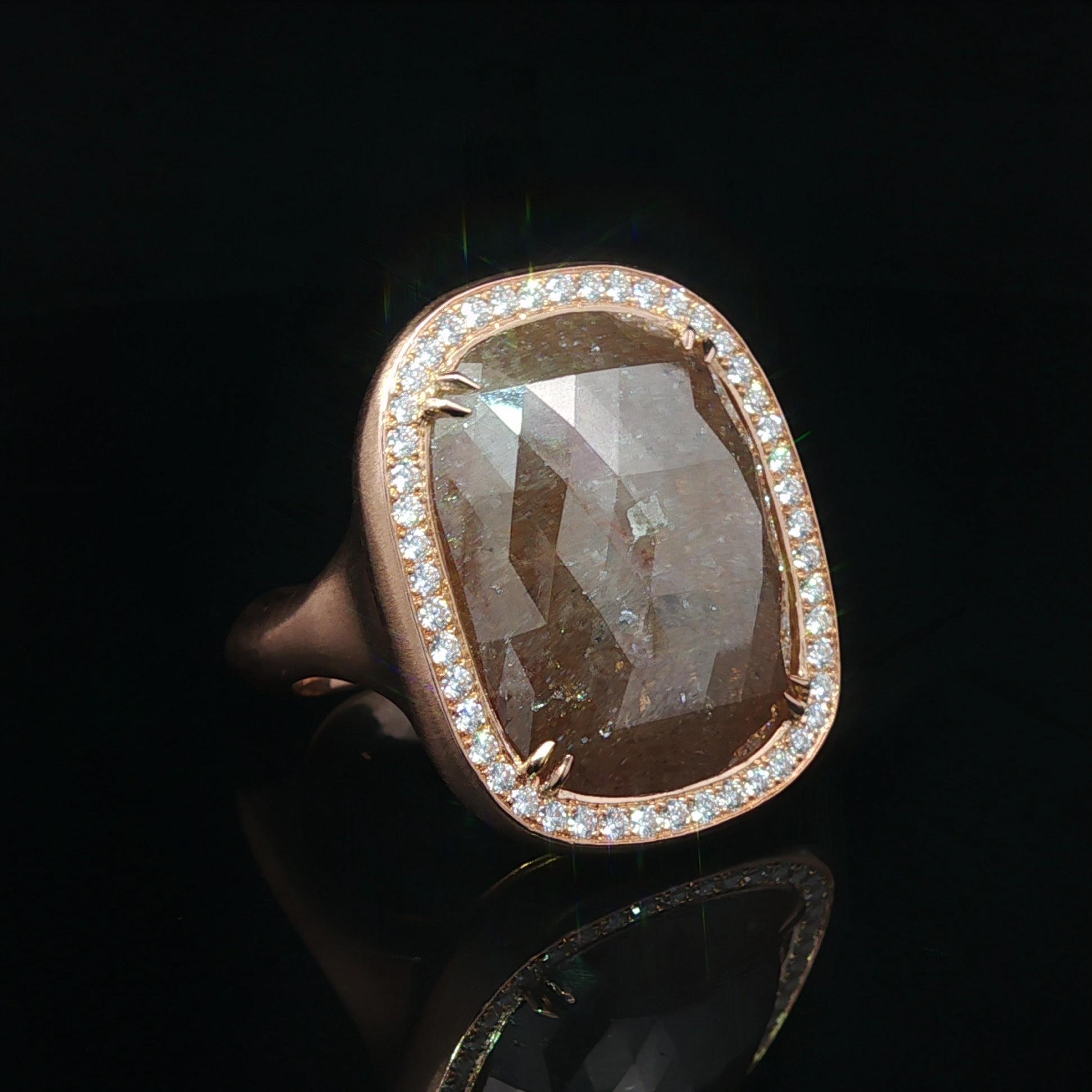 18k Rose Gold GIA 20.34ctw Cushion Checkerboard Faceted Fancy Color Diamond Ring For Sale 6