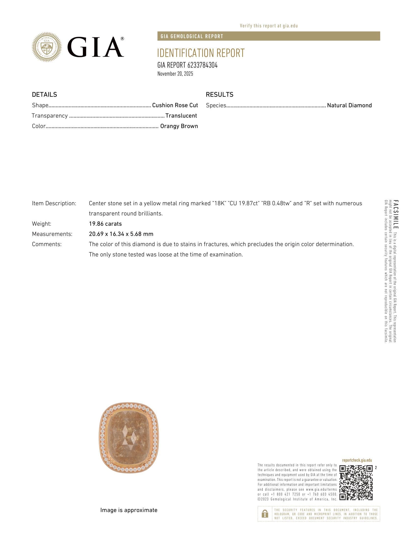 18k Rose Gold GIA 20.34ctw Cushion Checkerboard Faceted Fancy Color Diamond Ring For Sale 10