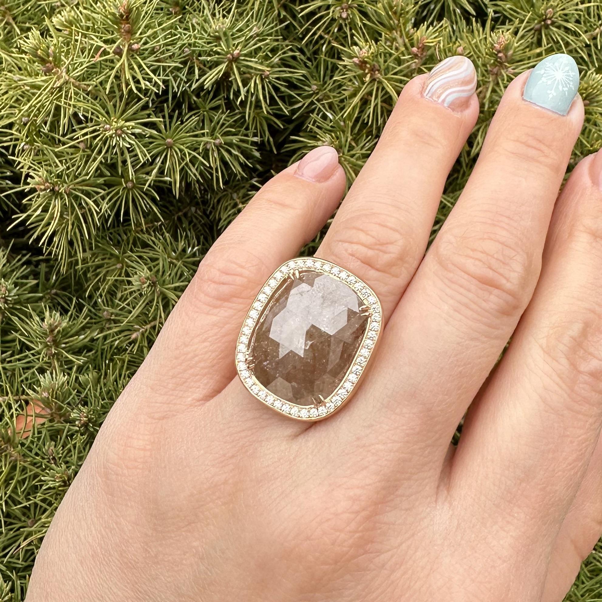 18k Rose Gold GIA 20.34ctw Cushion Checkerboard Faceted Fancy Color Diamond Ring For Sale 12