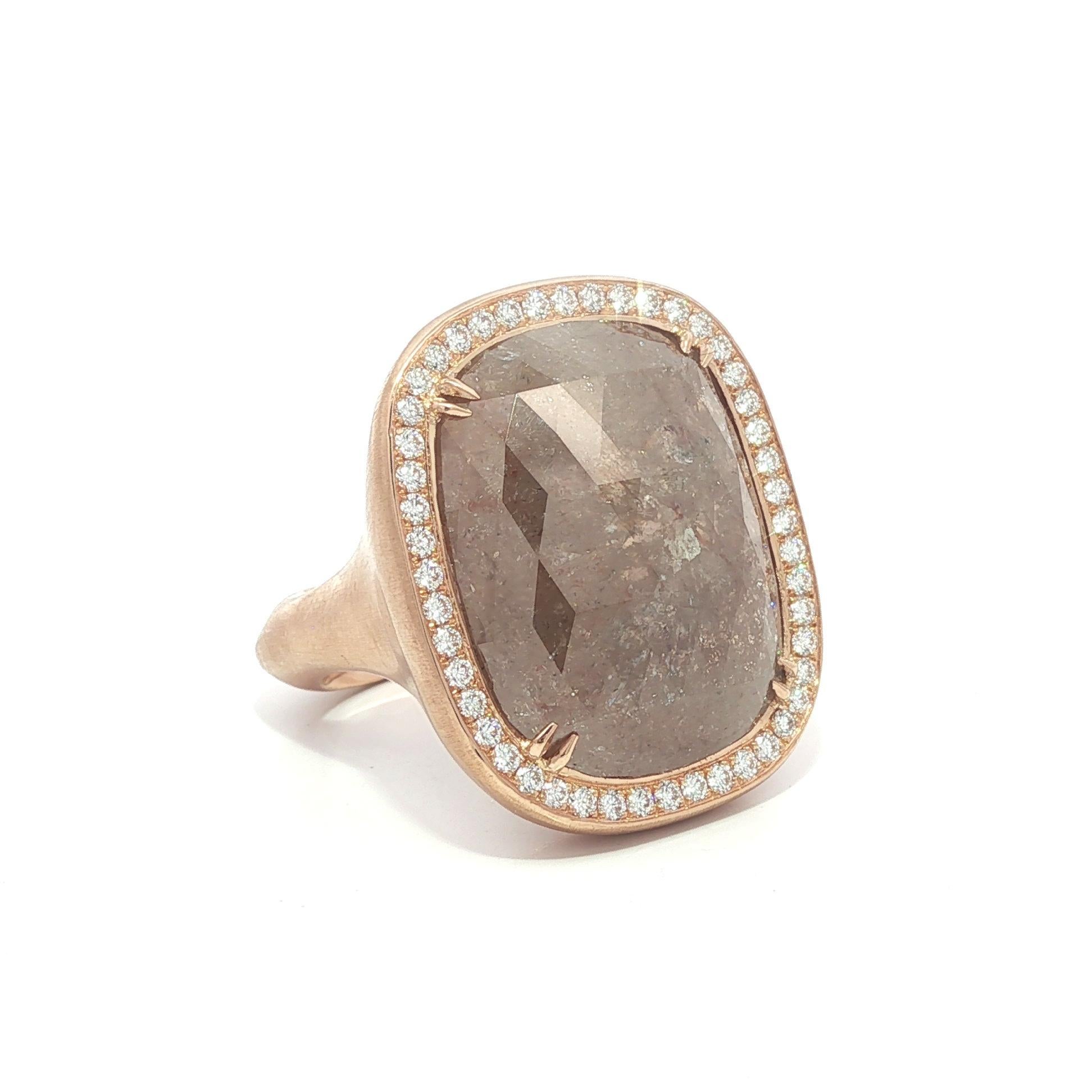 18k Rose Gold GIA 20.34ctw Cushion Checkerboard Faceted Fancy Color Diamond Ring For Sale