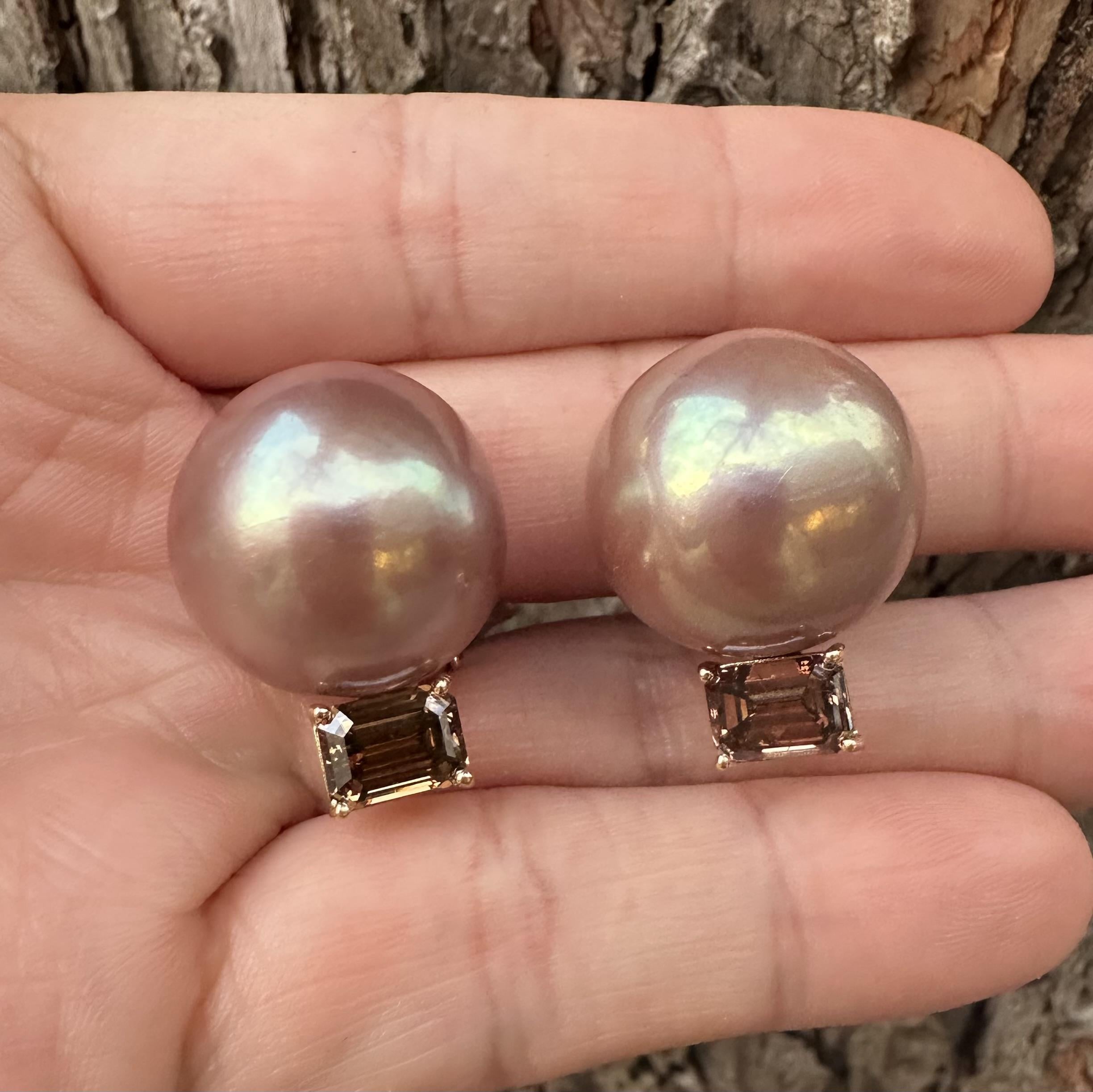 Orecchini in oro rosa 18k GIA con grandi perle rosa e diamanti marroni da 3,64 ct. in vendita 10