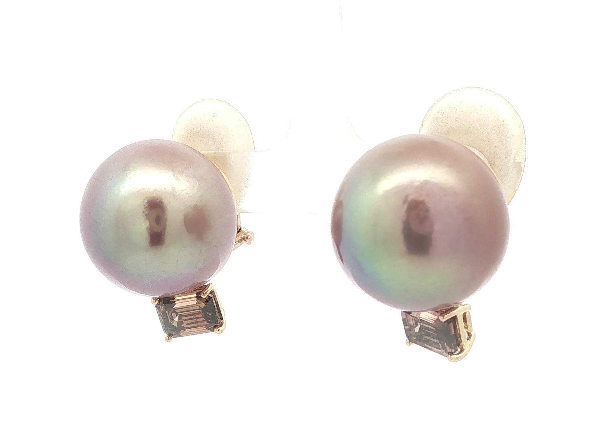 Orecchini in oro rosa 18k GIA con grandi perle rosa e diamanti marroni da 3,64 ct. In condizioni buone in vendita a Montclair, NJ