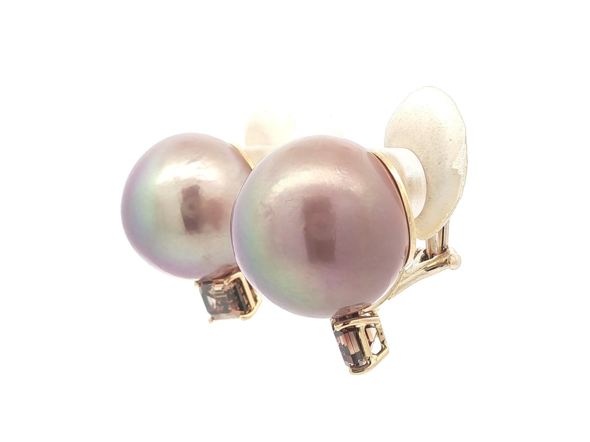 Donna Orecchini in oro rosa 18k GIA con grandi perle rosa e diamanti marroni da 3,64 ct. in vendita