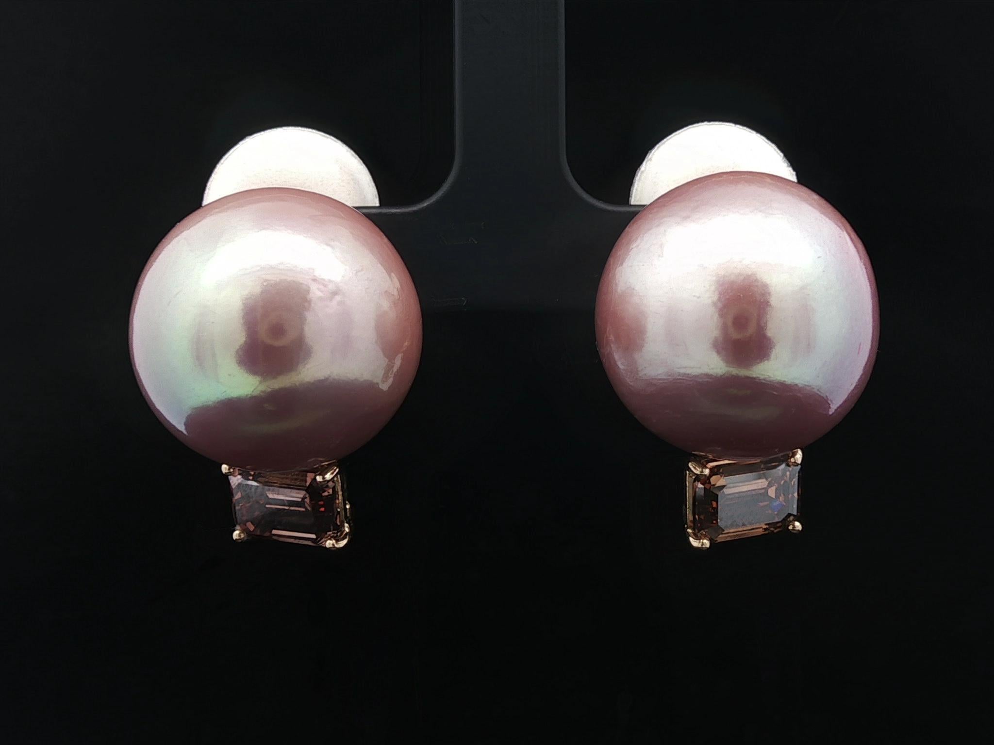 Orecchini in oro rosa 18k GIA con grandi perle rosa e diamanti marroni da 3,64 ct. in vendita 3