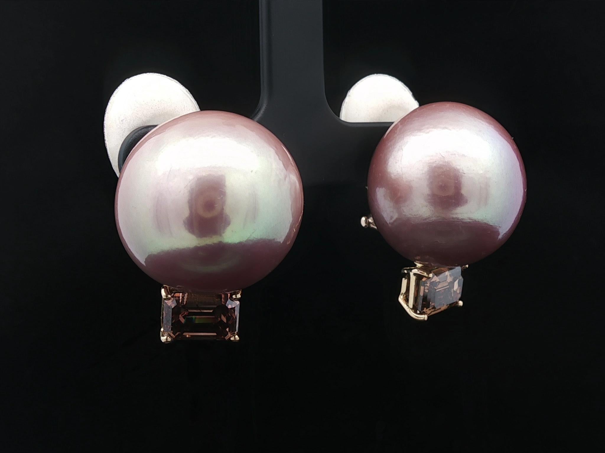 Orecchini in oro rosa 18k GIA con grandi perle rosa e diamanti marroni da 3,64 ct. in vendita 4