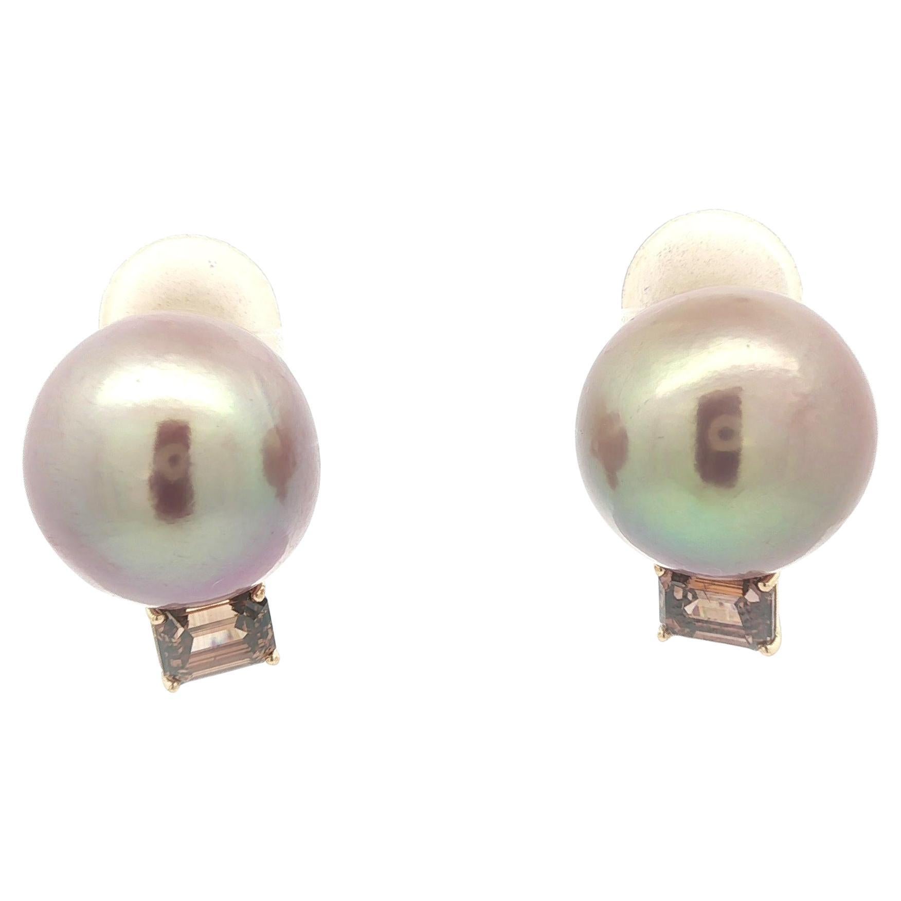 18k Rose Gold GIA Large Pink Pearls 3.64ctw Fancy Orangy Brown Diamond Earrings