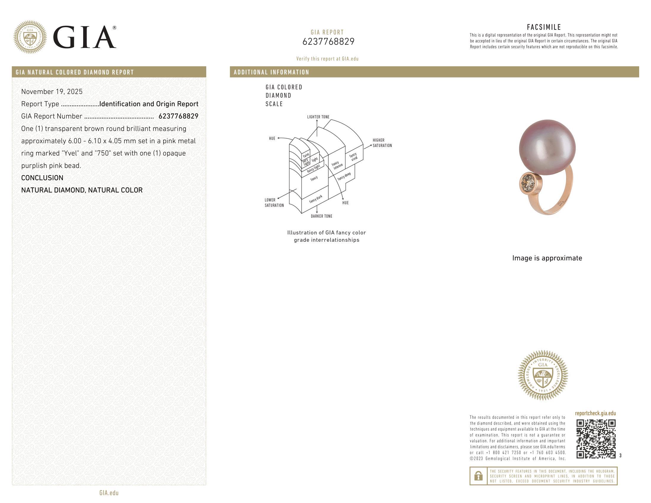 Anello in oro rosa 18 carati GIA con perla grande rosa violacea e diamante rotondo Fancy Diamond in vendita 4