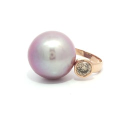 Anello in oro rosa 18 carati GIA con perla grande rosa violacea e diamante rotondo Fancy Diamond