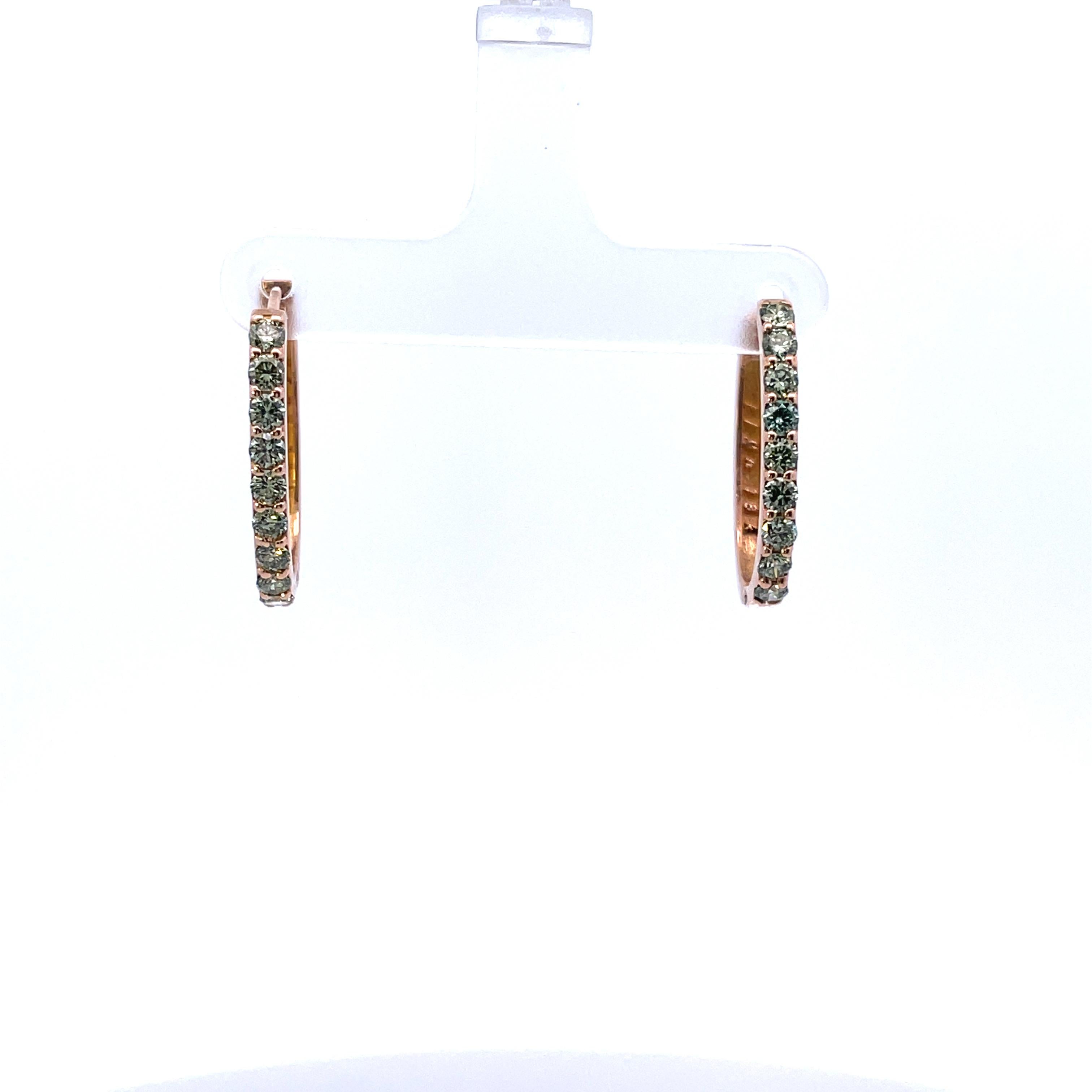 Contemporary 18k Rose Gold Green Diamond Hoops with Moonstone Drops and a Rainbow Accent For Sale