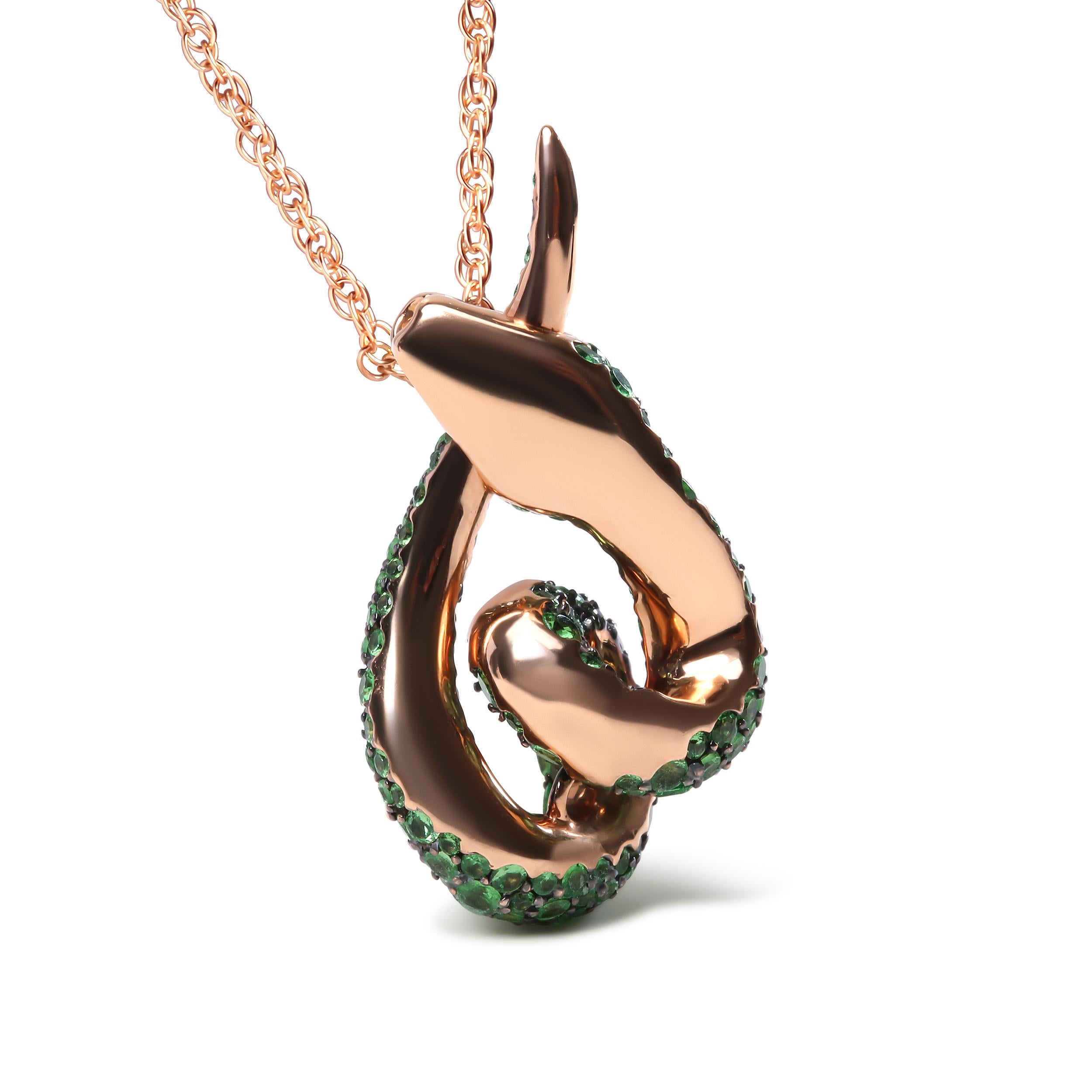 This animal inspired pendant necklace features a free-spirited snake design crafted of genuine 18k rose gold, a metal that will stay tarnish-free for years to come. The spiraled serpent is encrusted with 1.8mm, 1.5mm, 1mm, and 0.80mm round