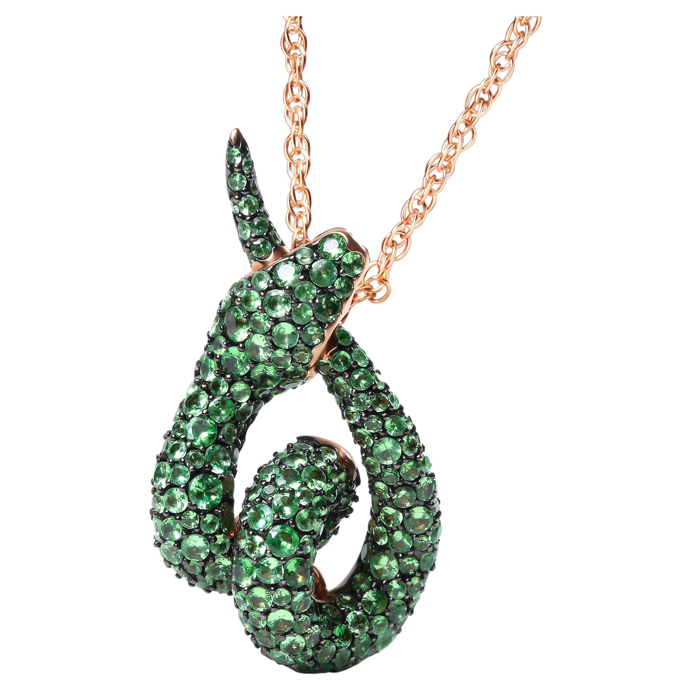 18K Rose Gold Green Tsavorite Gemstone Spiral Snake Design Pendant Necklace For Sale