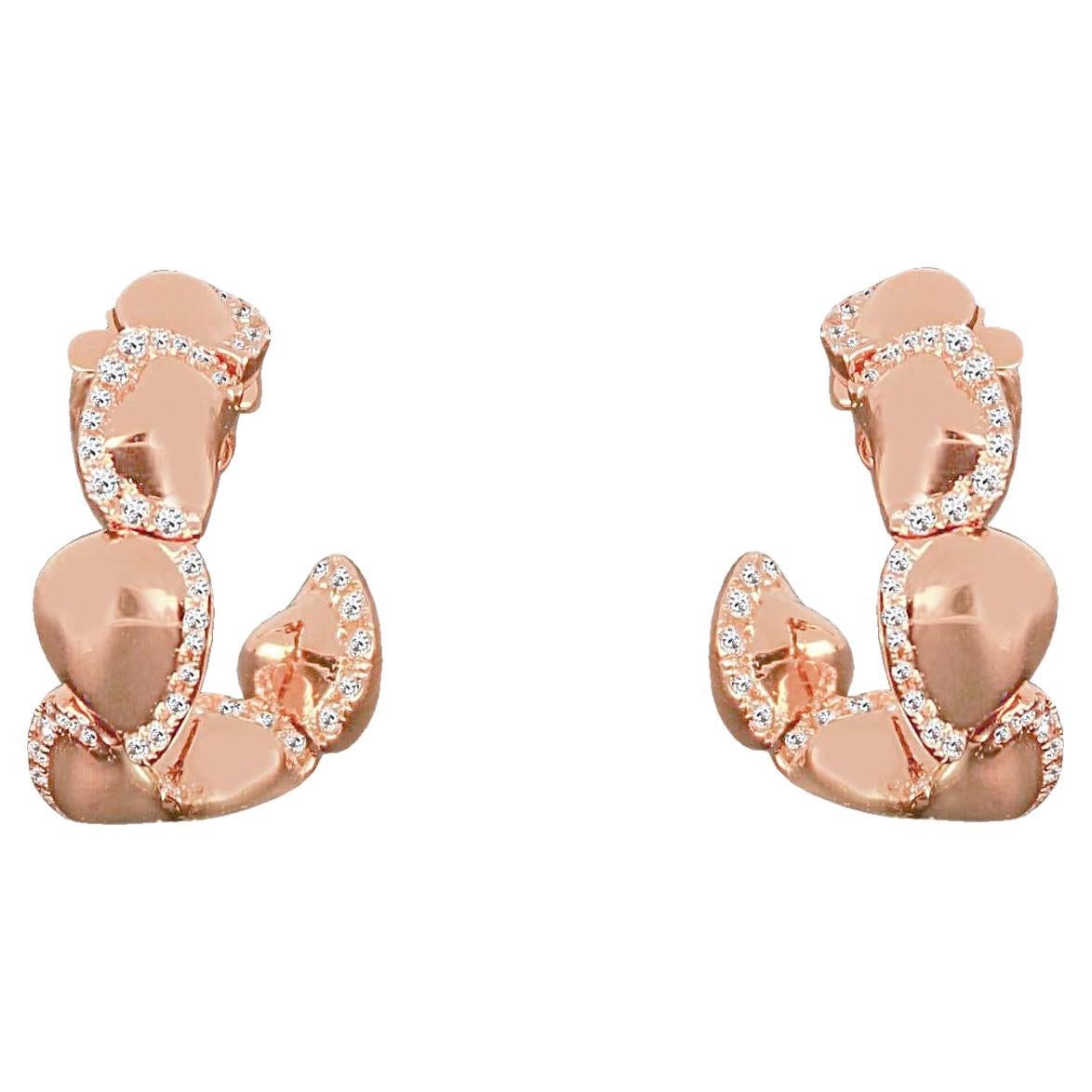 18k Rose Gold Half Hoop Earrings with Round Cut Diamonds For Sale