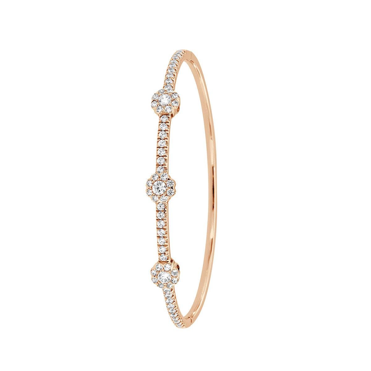 Taille ronde Bracelet jonc en or rose 18 carats avec halo de diamants de 1 1/2 carat en vente