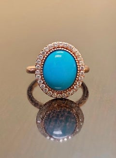 18K Rose Gold Halo Diamond Oval Sleeping Beauty Turquoise Engagement Ring