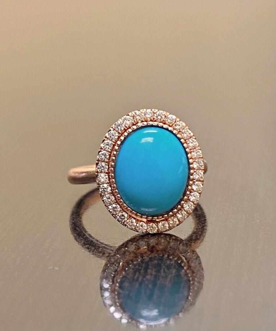 Taglio ovale Anello di fidanzamento in oro rosa 18K con diamante a raggiera e turchese ovale della Bella Addormentata in vendita