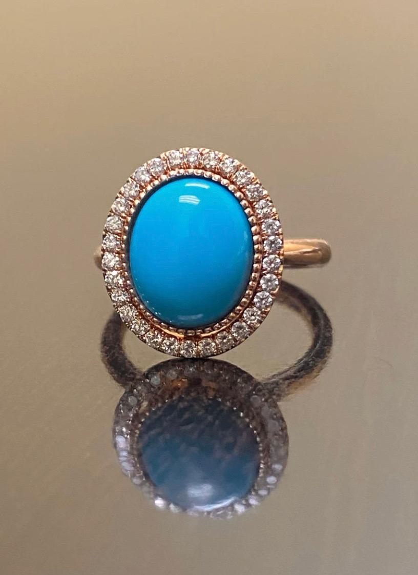18K Rose Gold Halo Diamond Oval Sleeping Beauty Turquoise Engagement Ring For Sale 3