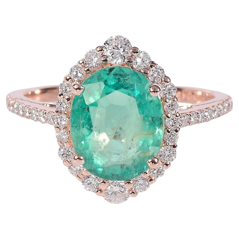 Customizable 18K Rose Gold Halo Emerald Engagement Ring, Unique Emerald Gold Ring For Sale at