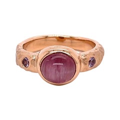 18k Rose Gold Hammered Pink Catseye Tourmaline Ring with Pink Sapphires