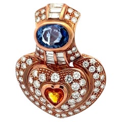 18K Rose Gold Heart Pin Brooch with 4.18 Carat Diamonds and Multi-Gemstones