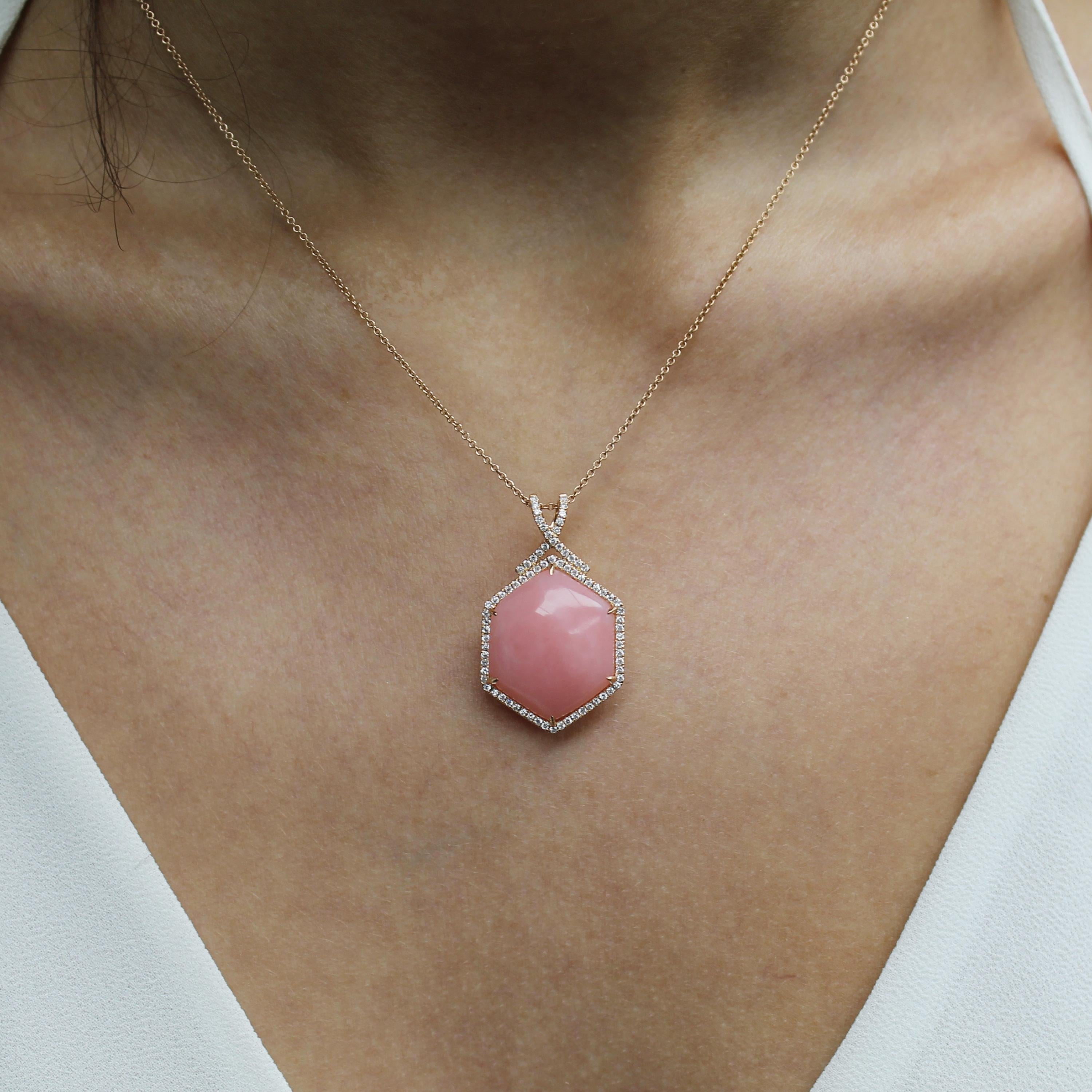 Dahlia Collection Necklace, featuring 18K Rose Gold with Hexagonal Cabochon-cut Pink Opal, a Diamond Halo, hanging on an 18K 18-inch chain with 16-inch adjuster. Pink Opal is a powerful stone, known for healing the emotions, especially those
