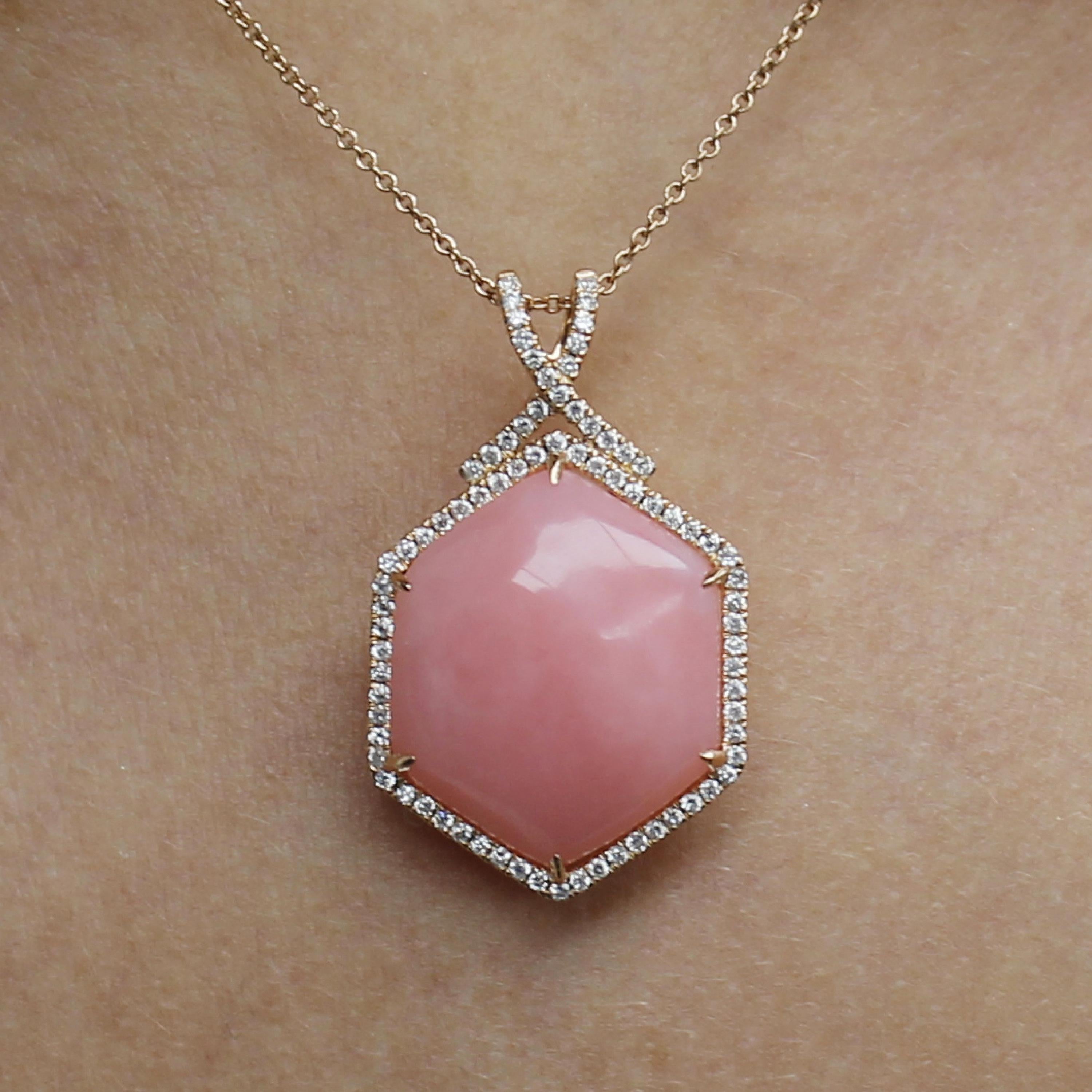 18 Karat Rose Gold Hexagon Pendant Necklace with Cabochon Pink Opal and  Diamonds