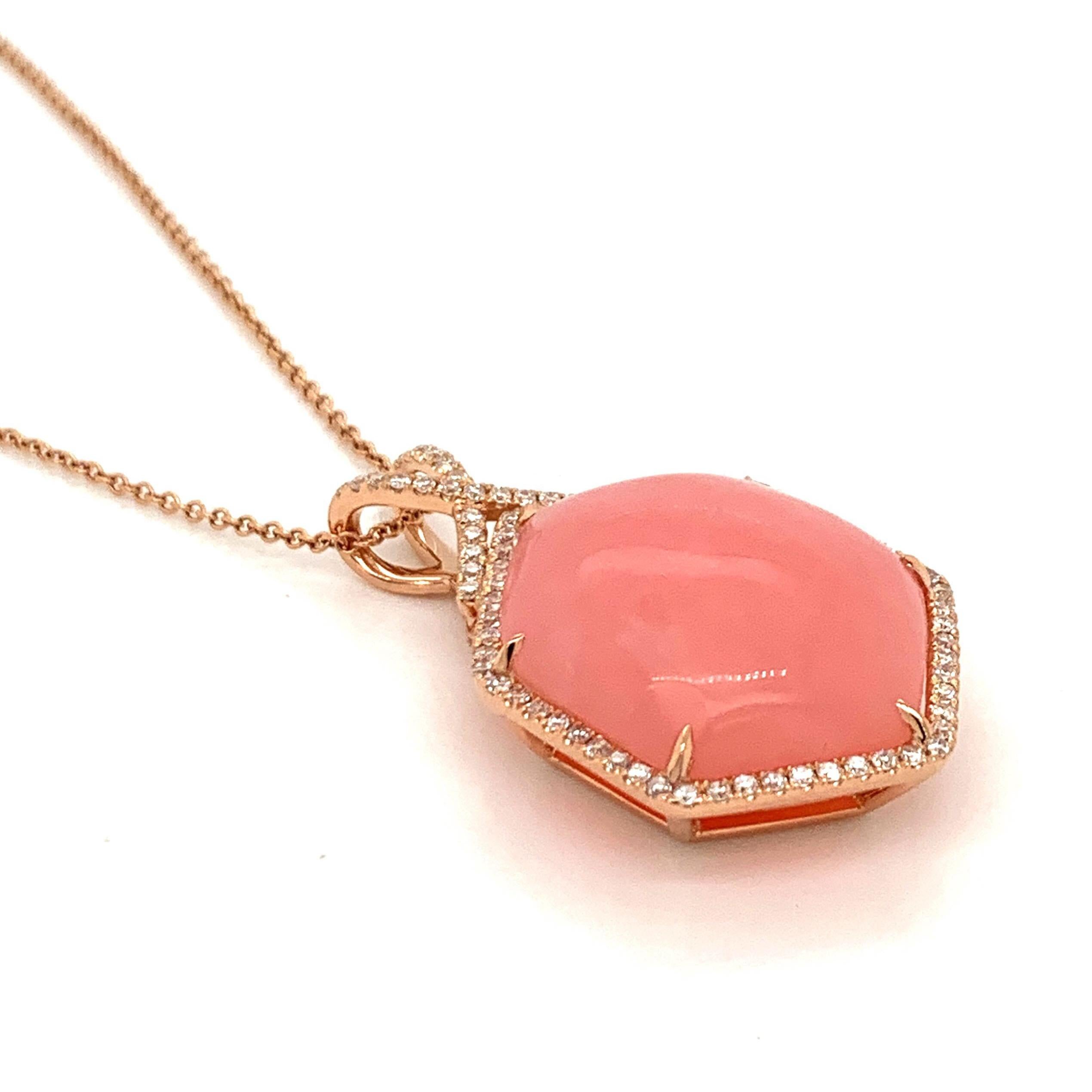 Hexagon Cut 18 Karat Rose Gold Hexagon Pendant Necklace with Cabochon Pink Opal and Diamonds For Sale