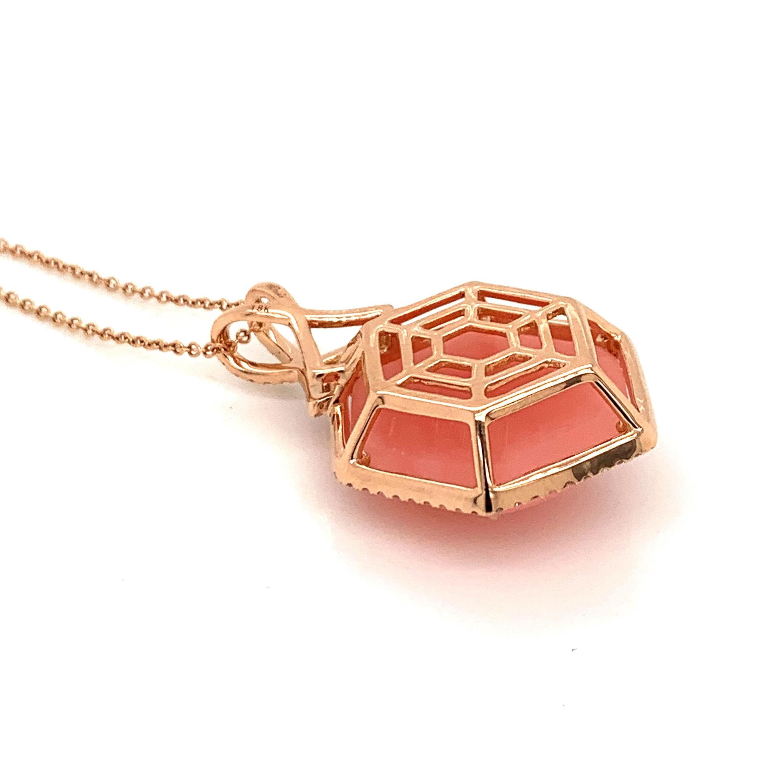 18 Karat Rose Gold Hexagon Pendant Necklace with Cabochon Pink Opal and Diamonds In New Condition For Sale In Great Neck, NY