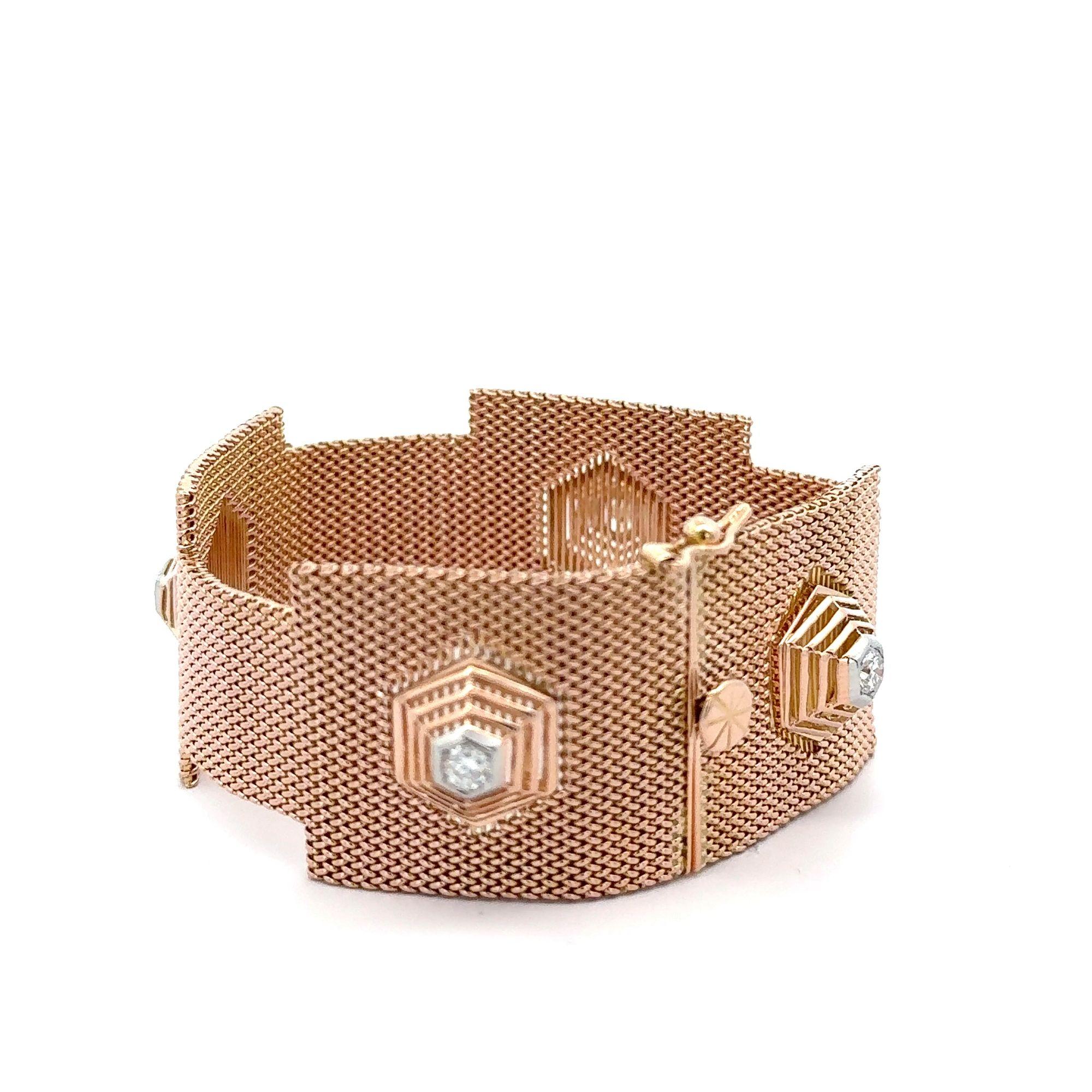 18K Rose Gold Hexagonal Shape Mesh Finish Ring, Bracelet, Pendant Set For Sale 4