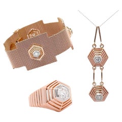 18K Rose Gold Hexagonal Shape Mesh Finish Ring, Bracelet, Pendant Set