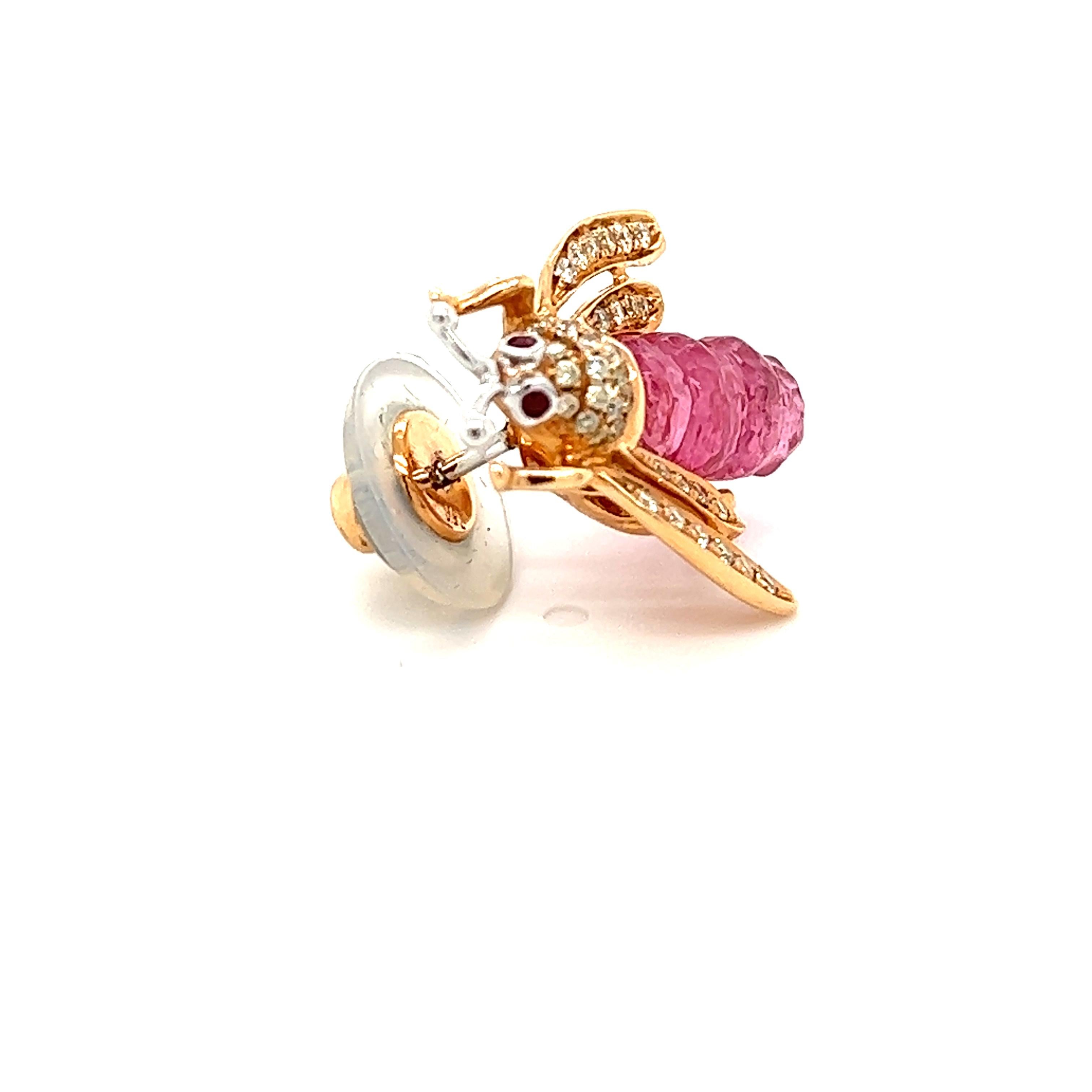 Women's or Men's 18K Rose Gold Honey Bee Mixed Colored Diamond and Rubelite Brooch For Sale