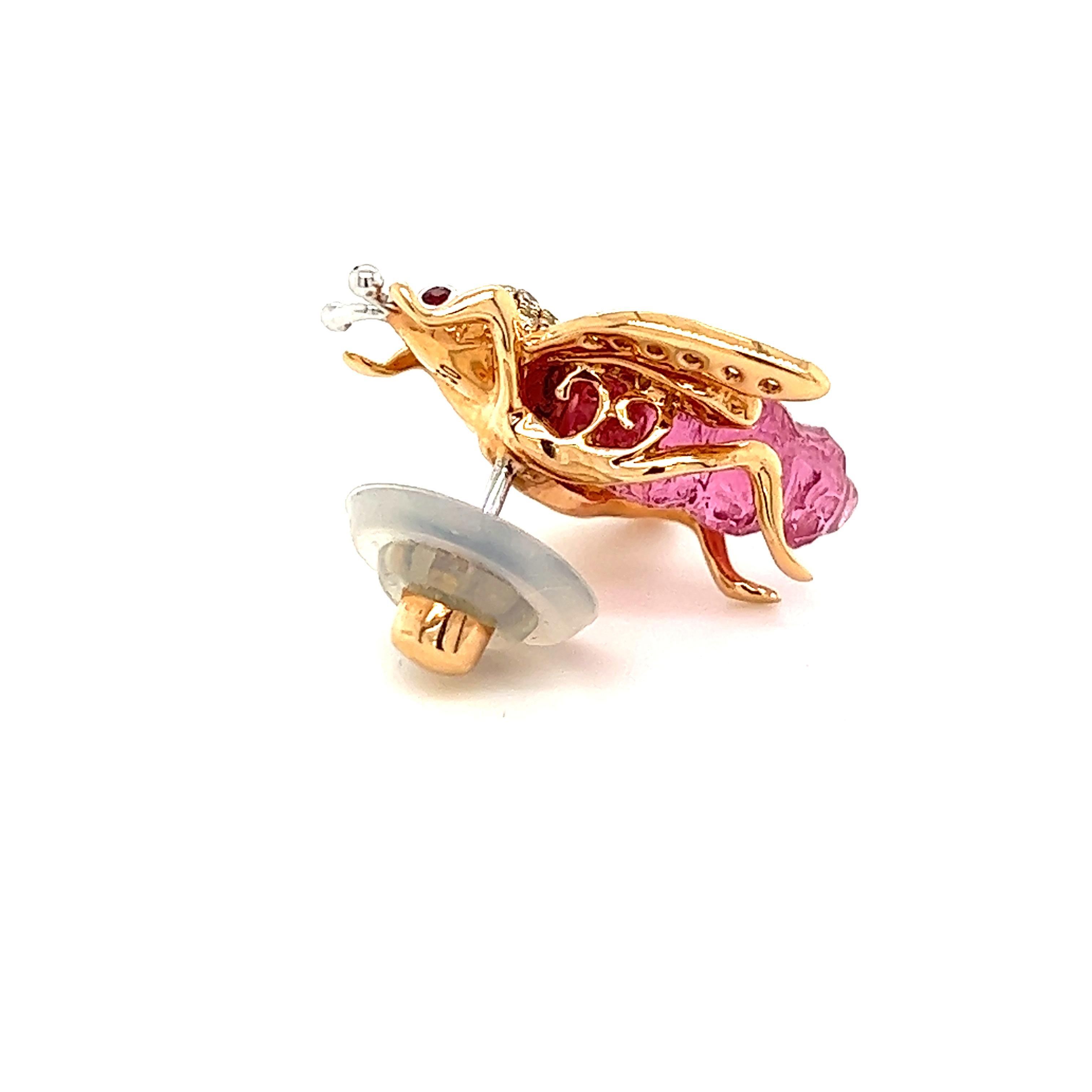18K Rose Gold Honey Bee Mixed Colored Diamond and Rubelite Brooch For Sale 1