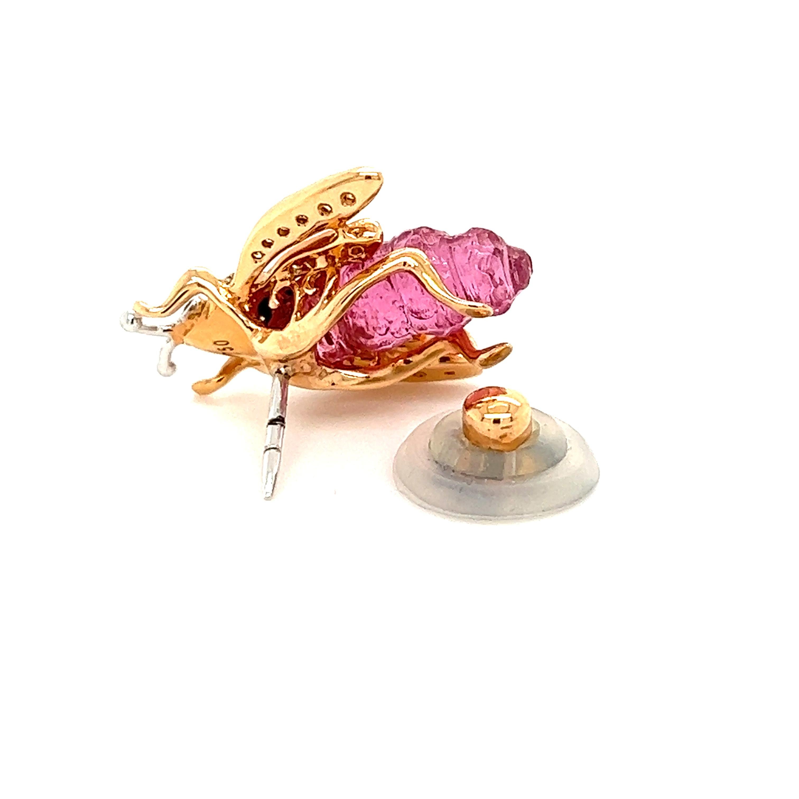 18K Rose Gold Honey Bee Mixed Colored Diamond and Rubelite Brooch For Sale 2