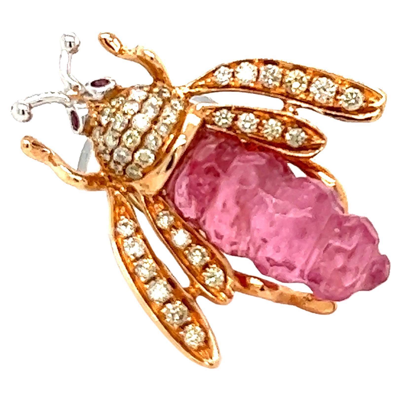 18K Rose Gold Honey Bee Mixed Colored Diamond and Rubelite Brooch