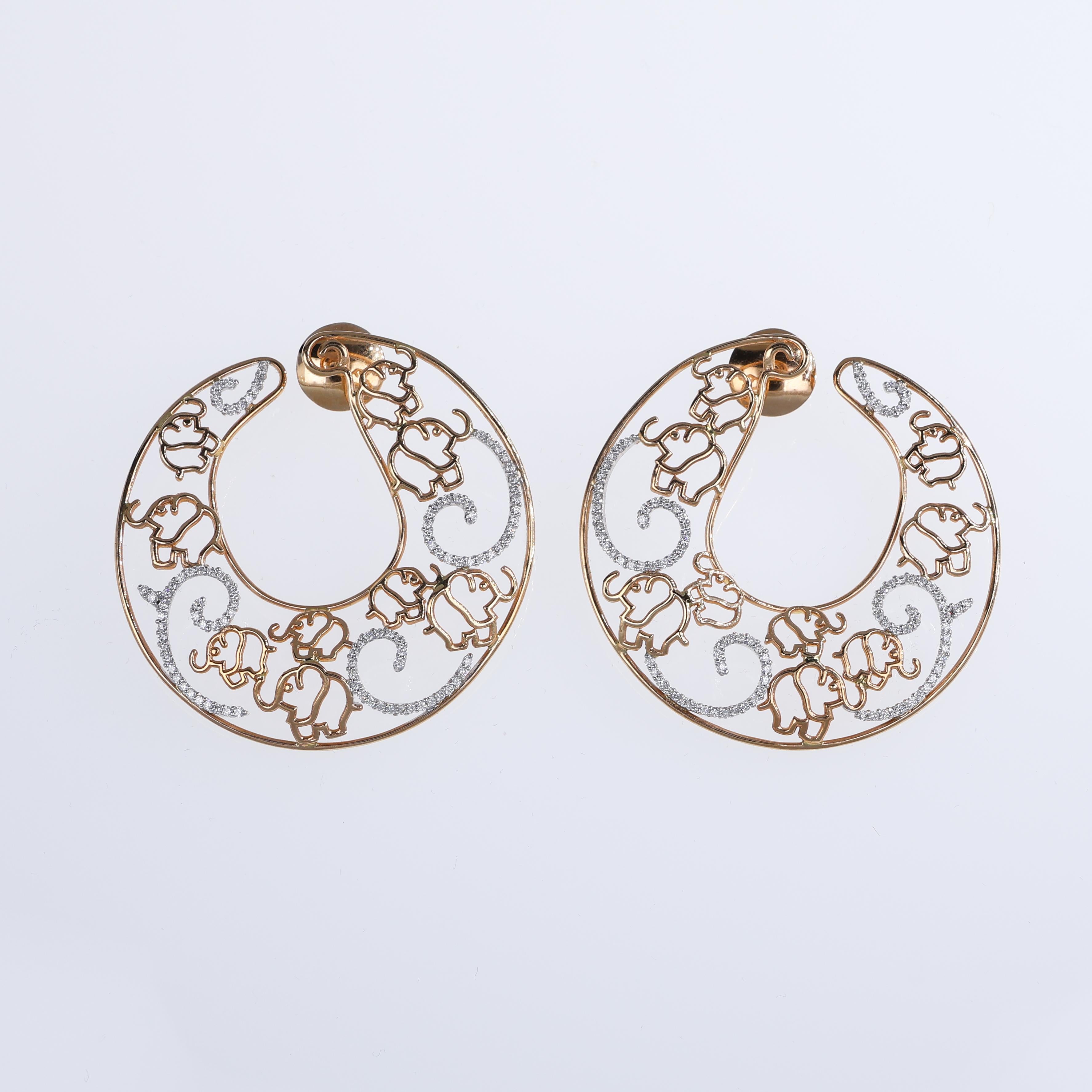 A charming and artistic pair of hoop earrings crafted in 18K rose gold, featuring an intricate design of elephants and swirling accents. Embellished with brilliant-cut white diamonds totaling 1.16 carats, these earrings combine whimsical elegance