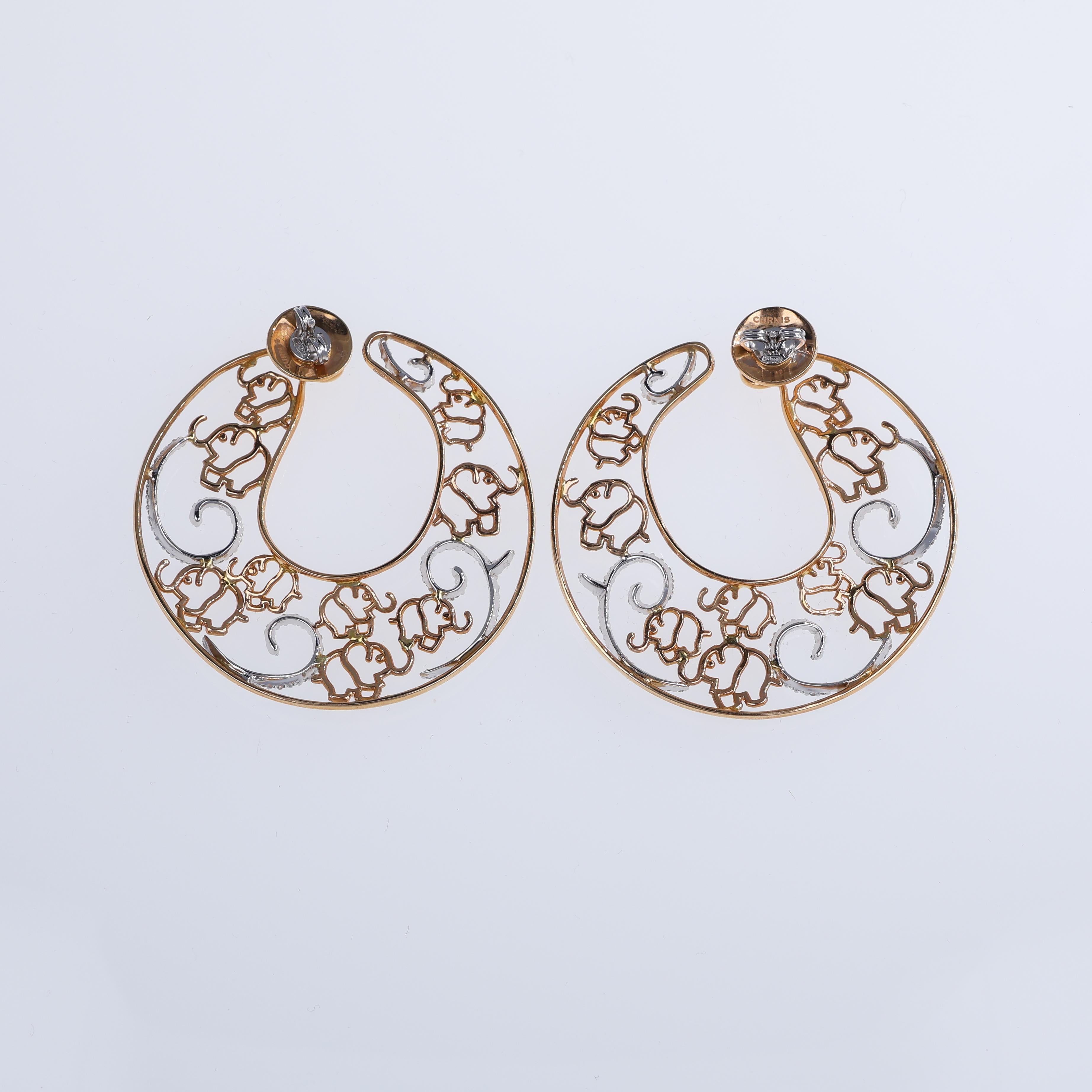 Brilliant Cut 18K Rose Gold Hoop Earrings with Elephant Motif and White Diamonds For Sale