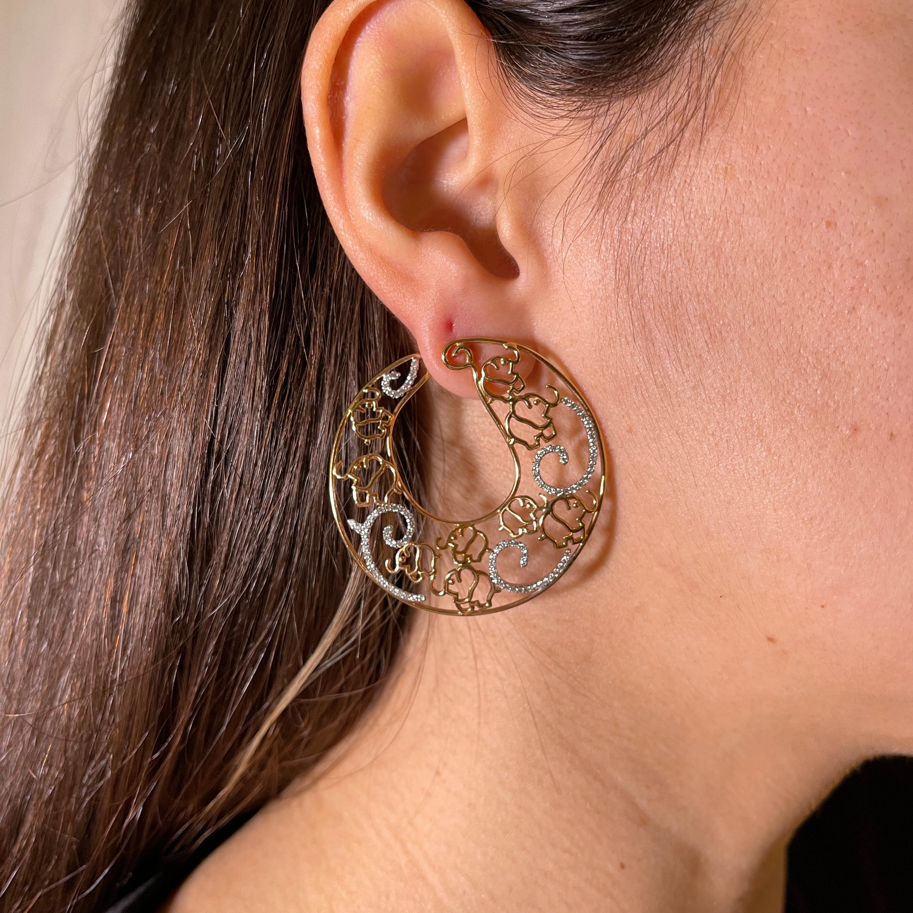 18K Rose Gold Hoop Earrings with Elephant Motif and White Diamonds For Sale 1