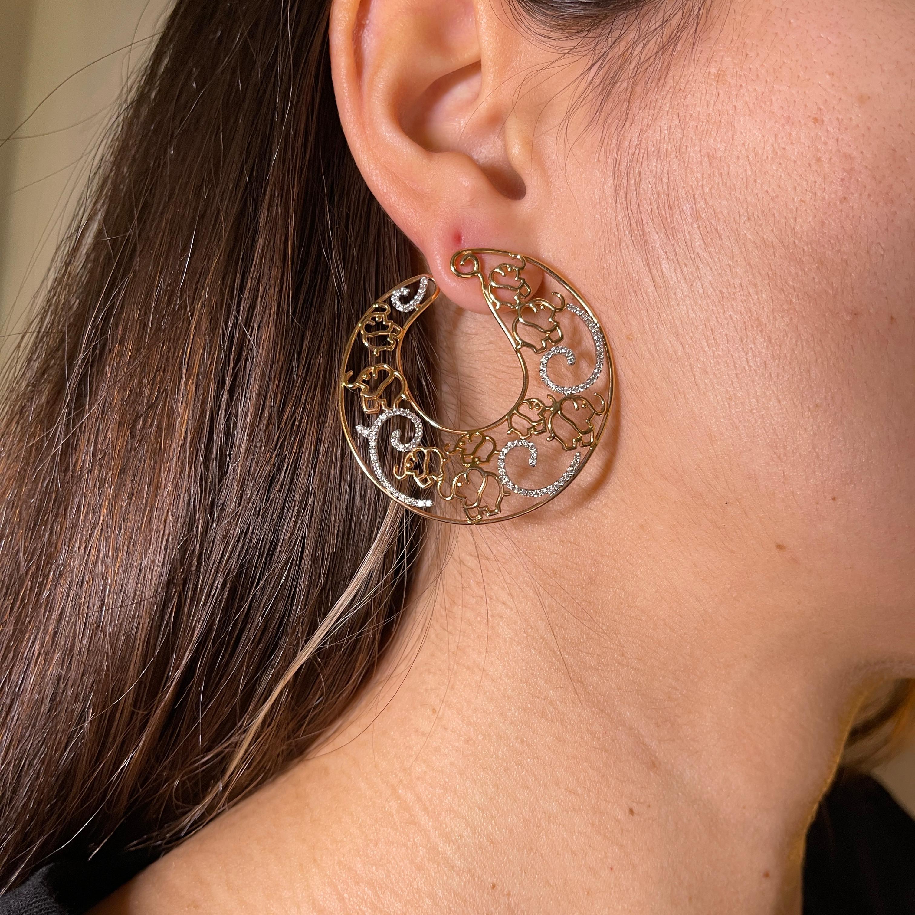 18K Rose Gold Hoop Earrings with Elephant Motif and White Diamonds For Sale 2