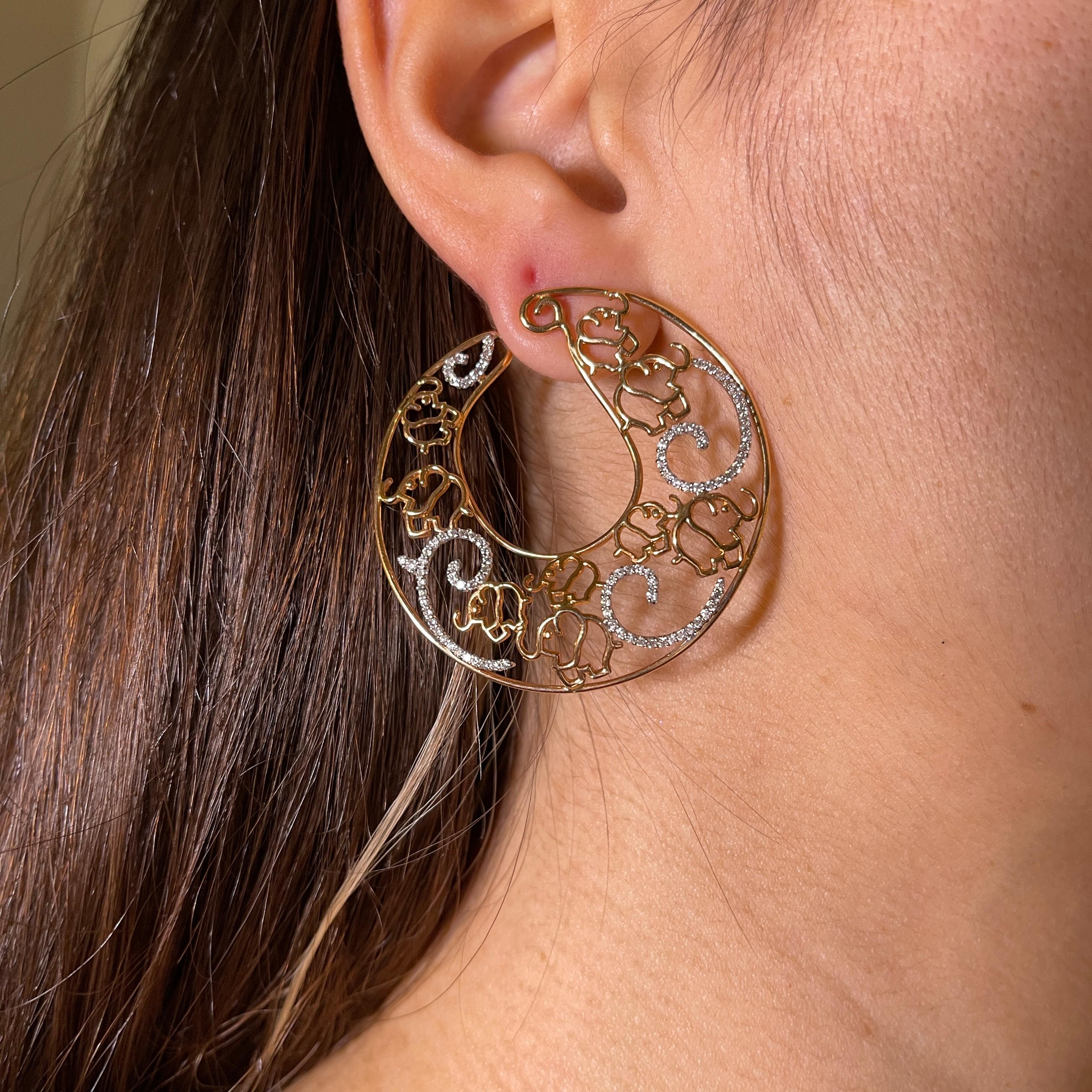18K Rose Gold Hoop Earrings with Elephant Motif and White Diamonds For Sale 3