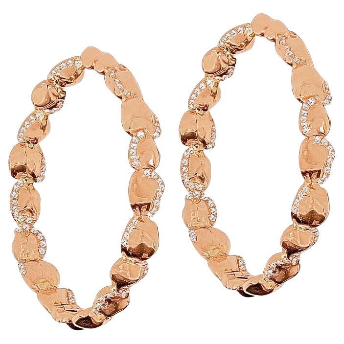 18k Rose Gold Hoop Earrings with Round Cut Diamonds For Sale