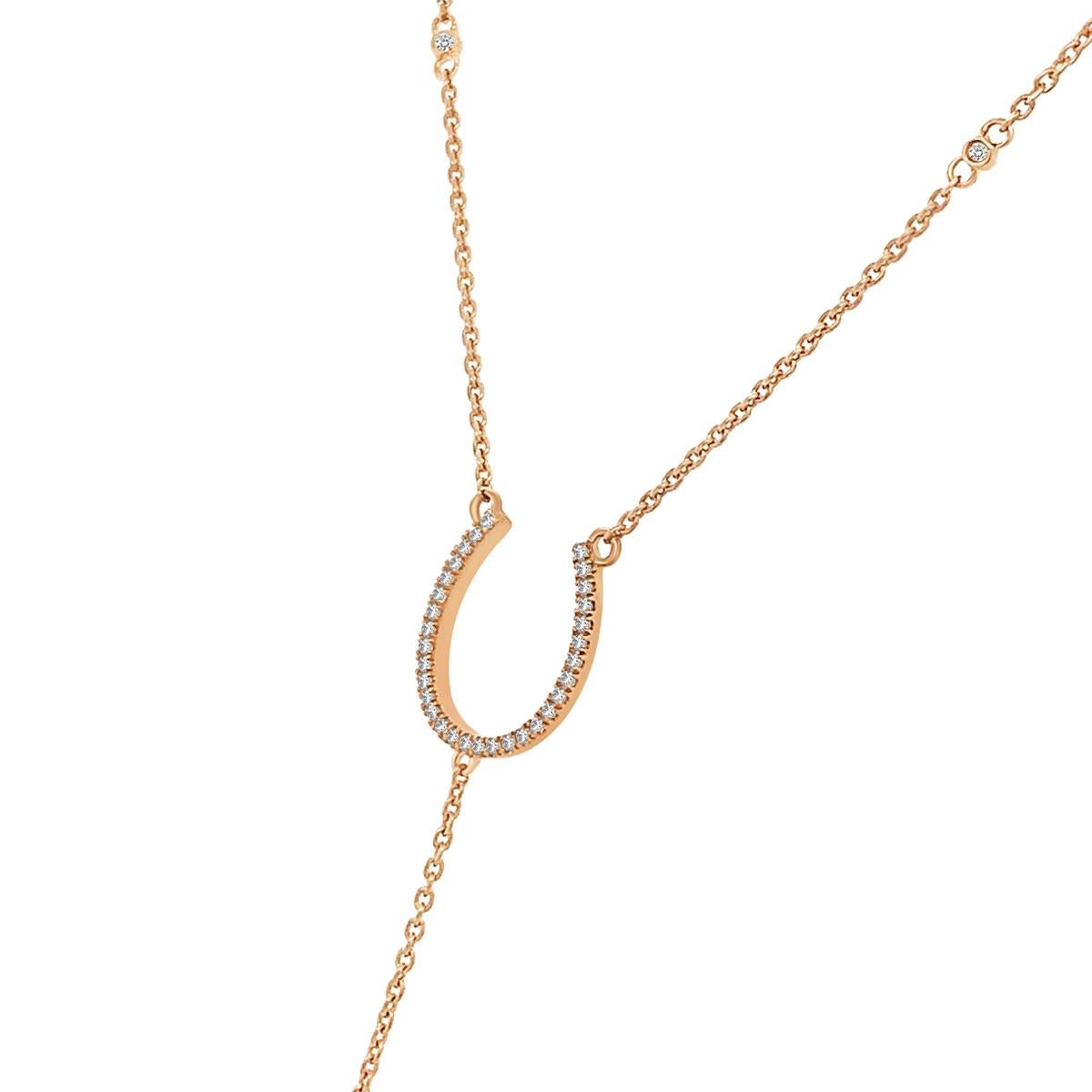 This necklace features four(4) evenly spread brilliant diamonds bezel set on a delicate chain connecting to Horseshoe pendant. An elegant gold drop in hanging from it completing a stunning look. Experience the difference in person!

Product details: