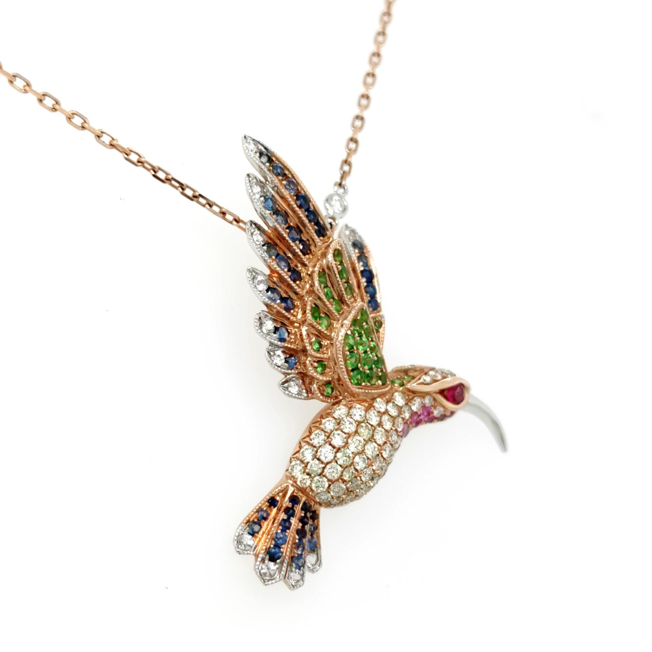 18K Rose Gold Hummingbird Colored Diamond Pendant Necklace with Blue Sapphires
Length: 16