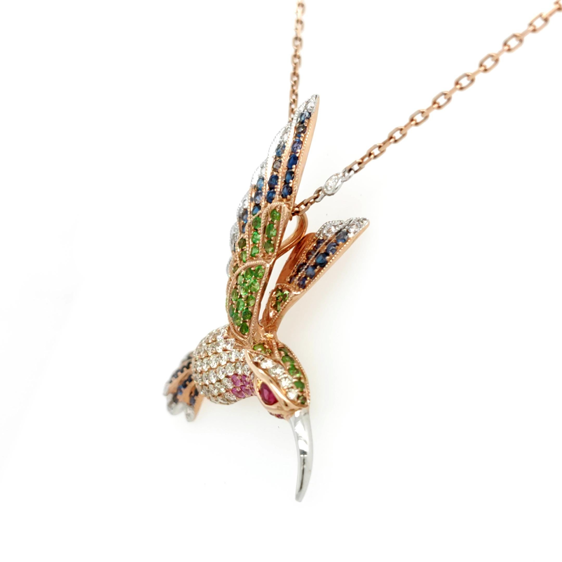 Modern 18K Rose Gold Hummingbird Colored Diamond Pendant Necklace with Blue Sapphires For Sale