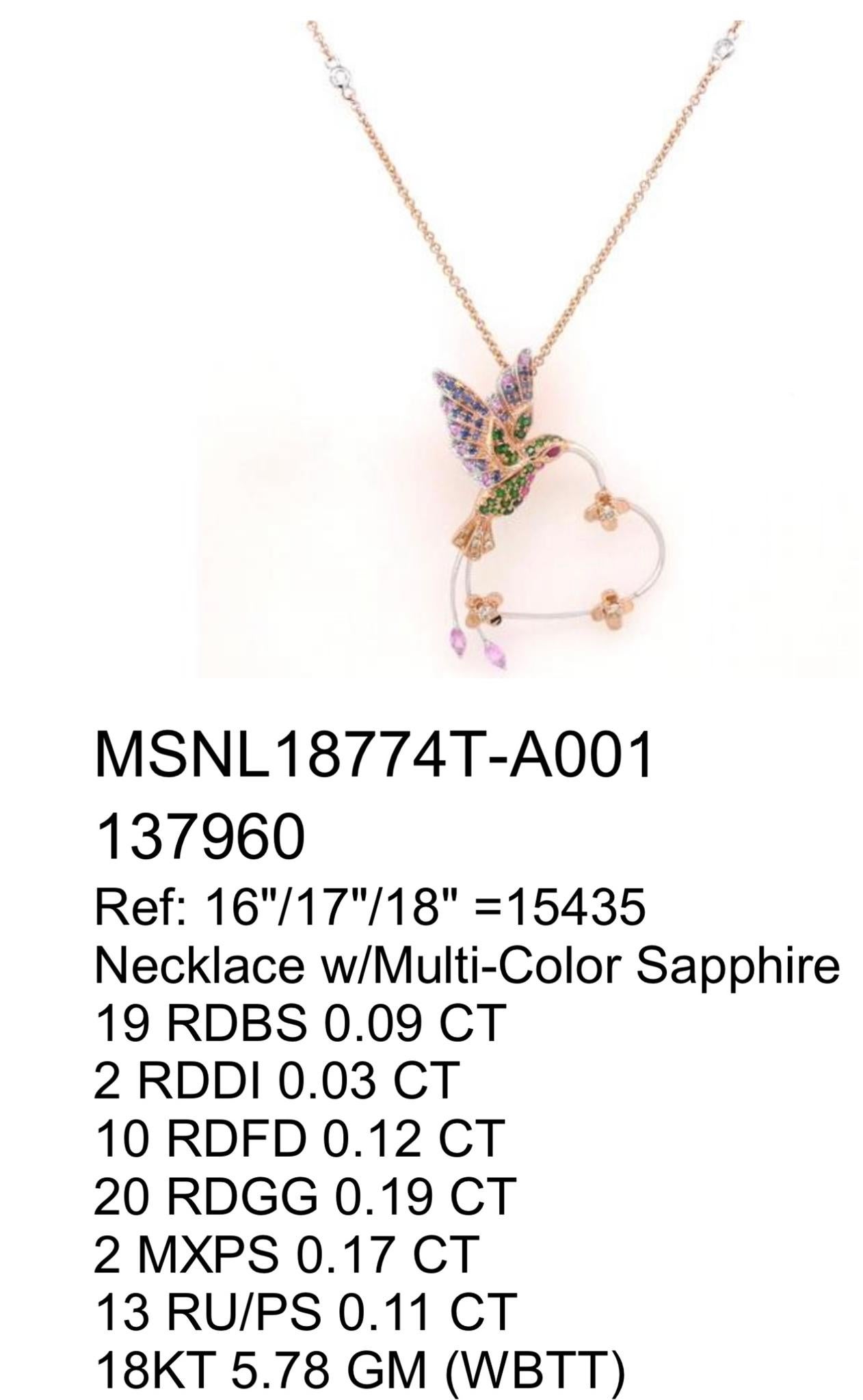 Modern 18K Rose Gold Hummingbird Necklace with Multi Color Sapphires and Diamonds For Sale