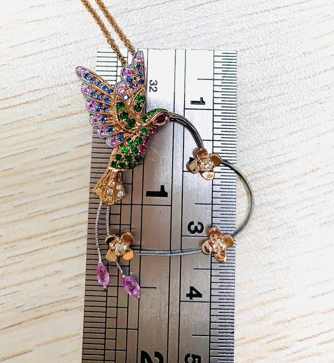 Rose Cut 18K Rose Gold Hummingbird Necklace with Multi Color Sapphires and Diamonds For Sale