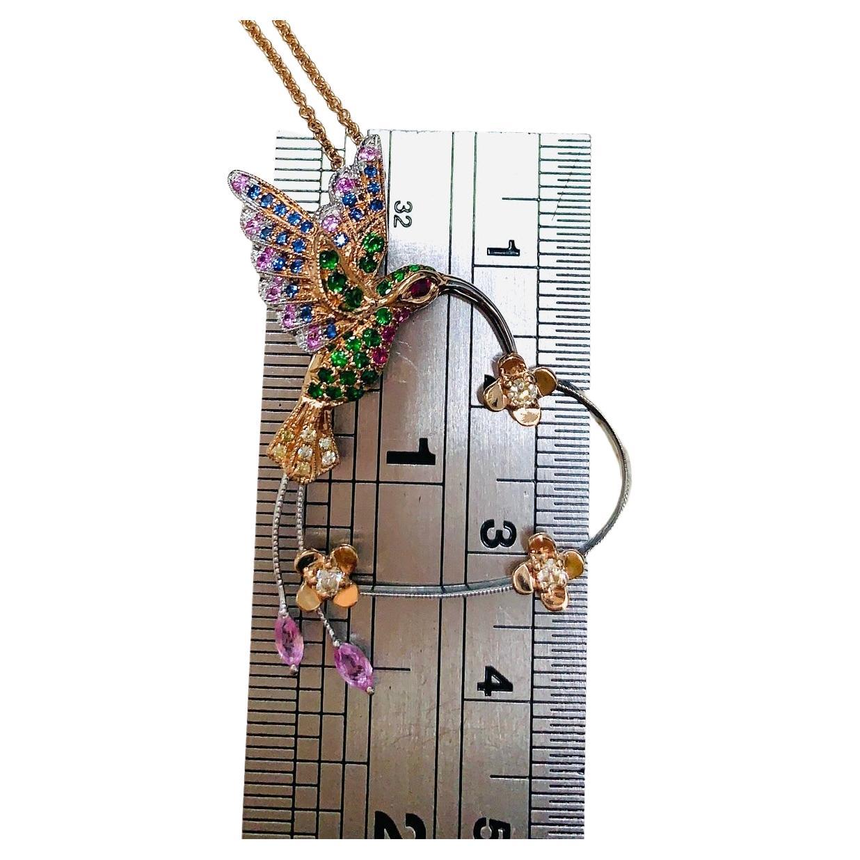 18 Karat Roségold Hummingbird-Halskette mit mehrfarbigen Saphiren und Diamanten