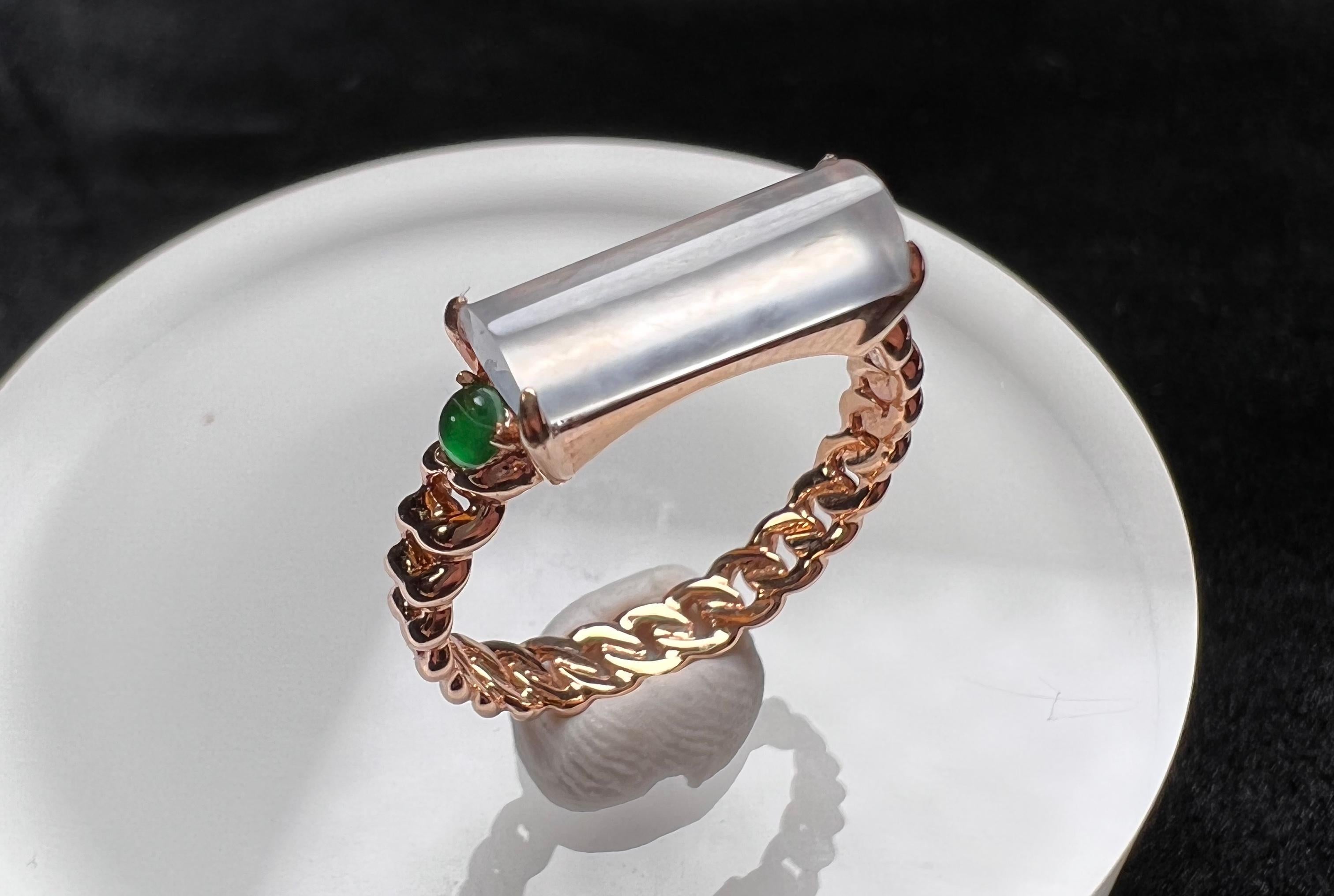 Mixed Cut 18K Rose Gold Icy Jadeite Green Jadeite Horizontal Bar Ring Cocktail Ring For Sale