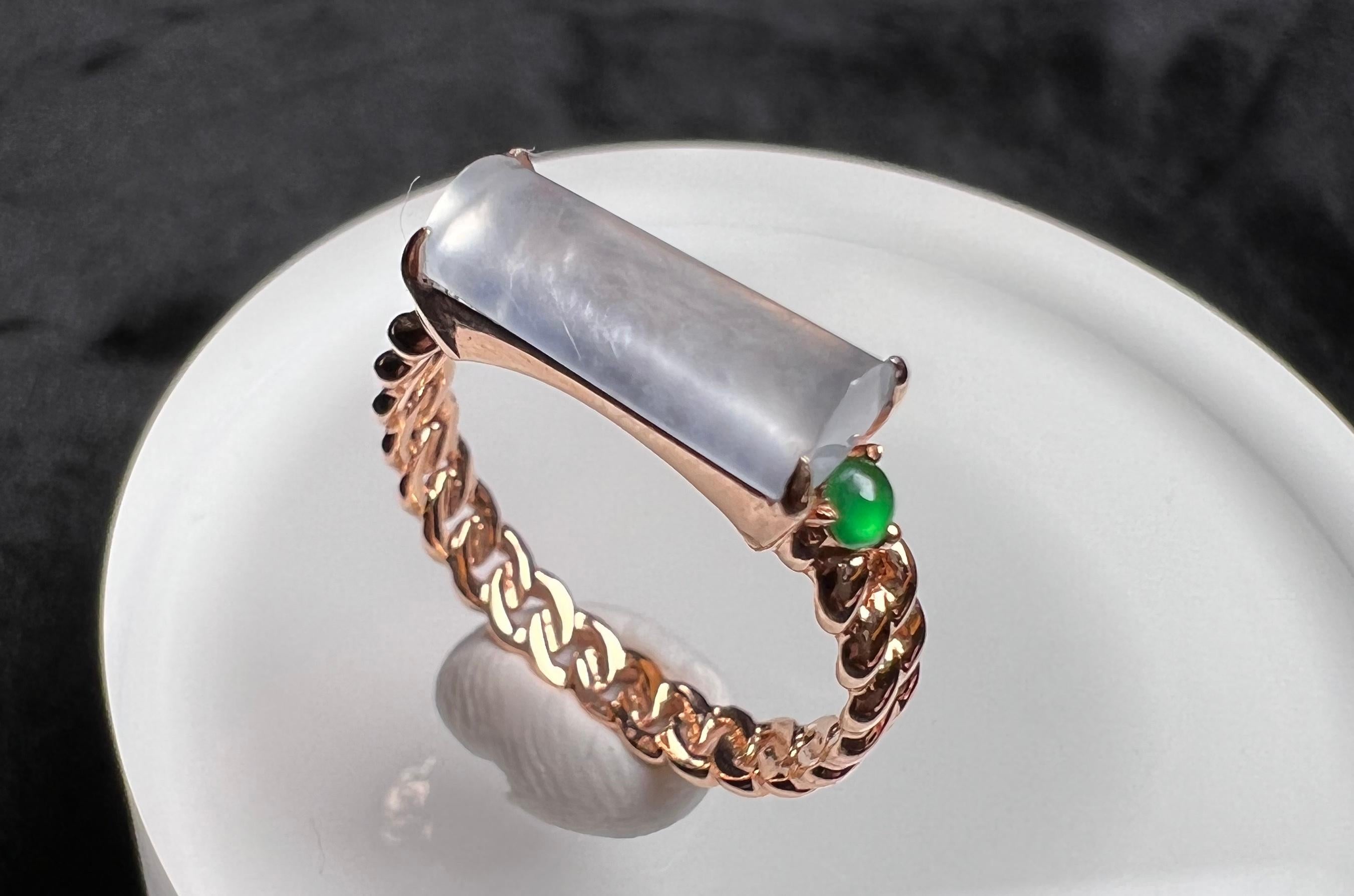 Women's or Men's 18K Rose Gold Icy Jadeite Green Jadeite Horizontal Bar Ring Cocktail Ring For Sale